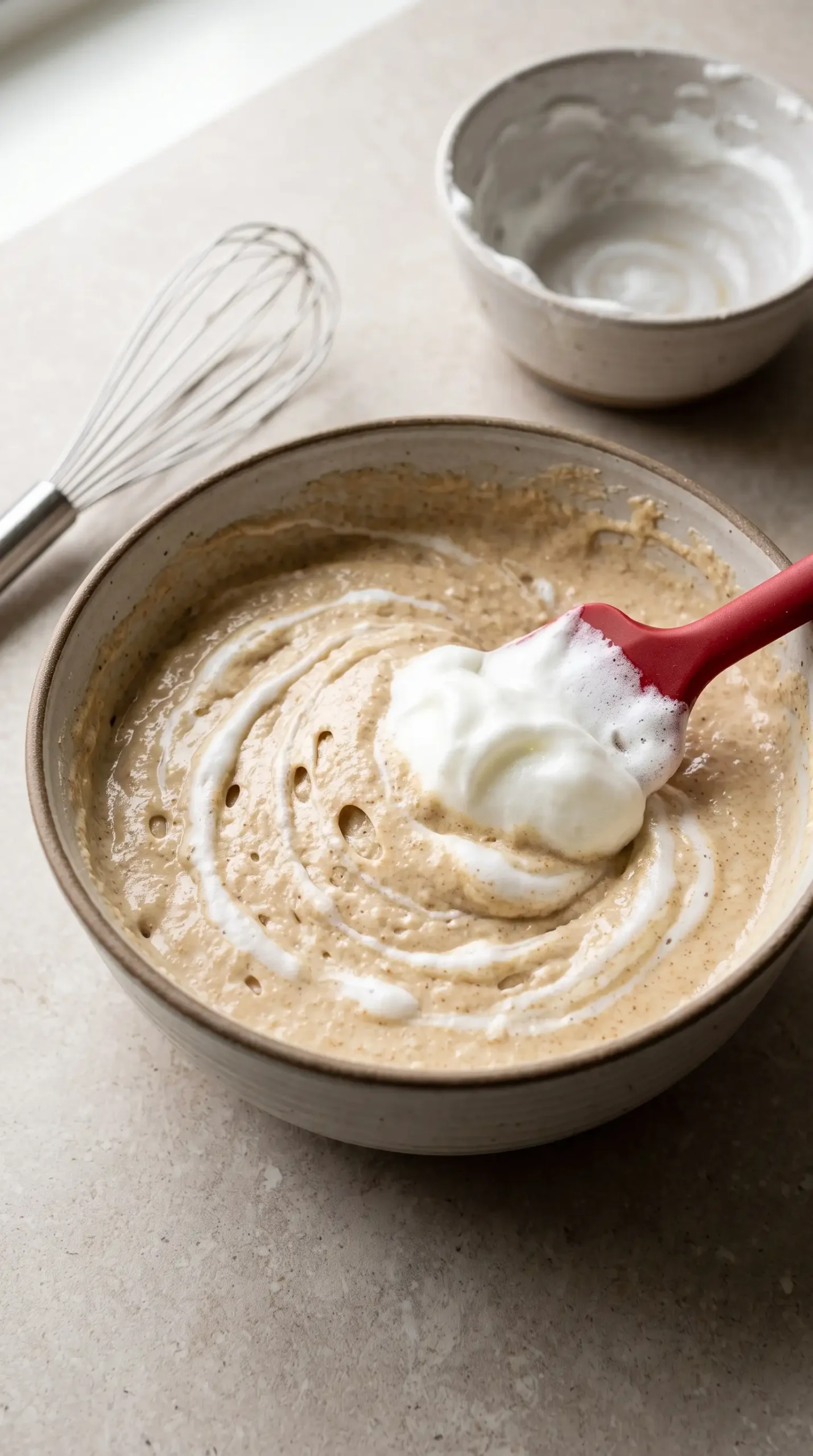 Whipped egg whites folded into whole wheat buttermilk pancake batter with a spatula