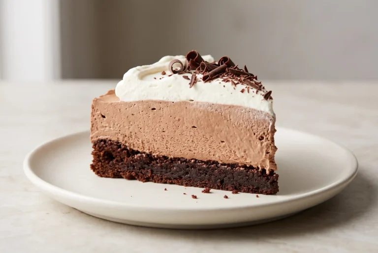 Slice of french silk brownie pie with chocolate mousse, whipped cream, and chocolate shavings