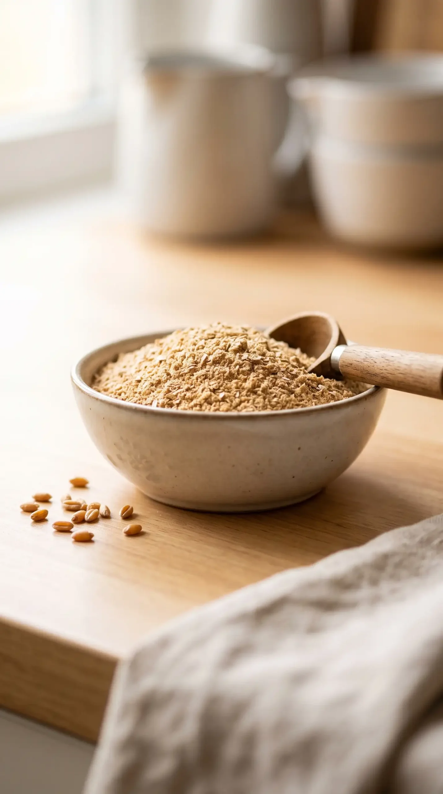 Freshly milled whole wheat flour with wheat kernels for homemade bread preparation