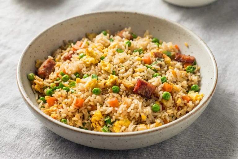 Fried rice recipe with egg, vegetables, protein, and golden grains in a ceramic bowl