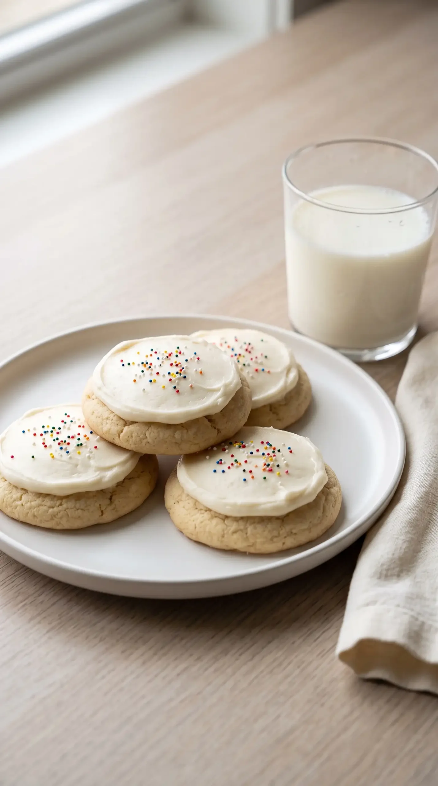 Fluffy sugar cookies with smooth vanilla frosting served with milk