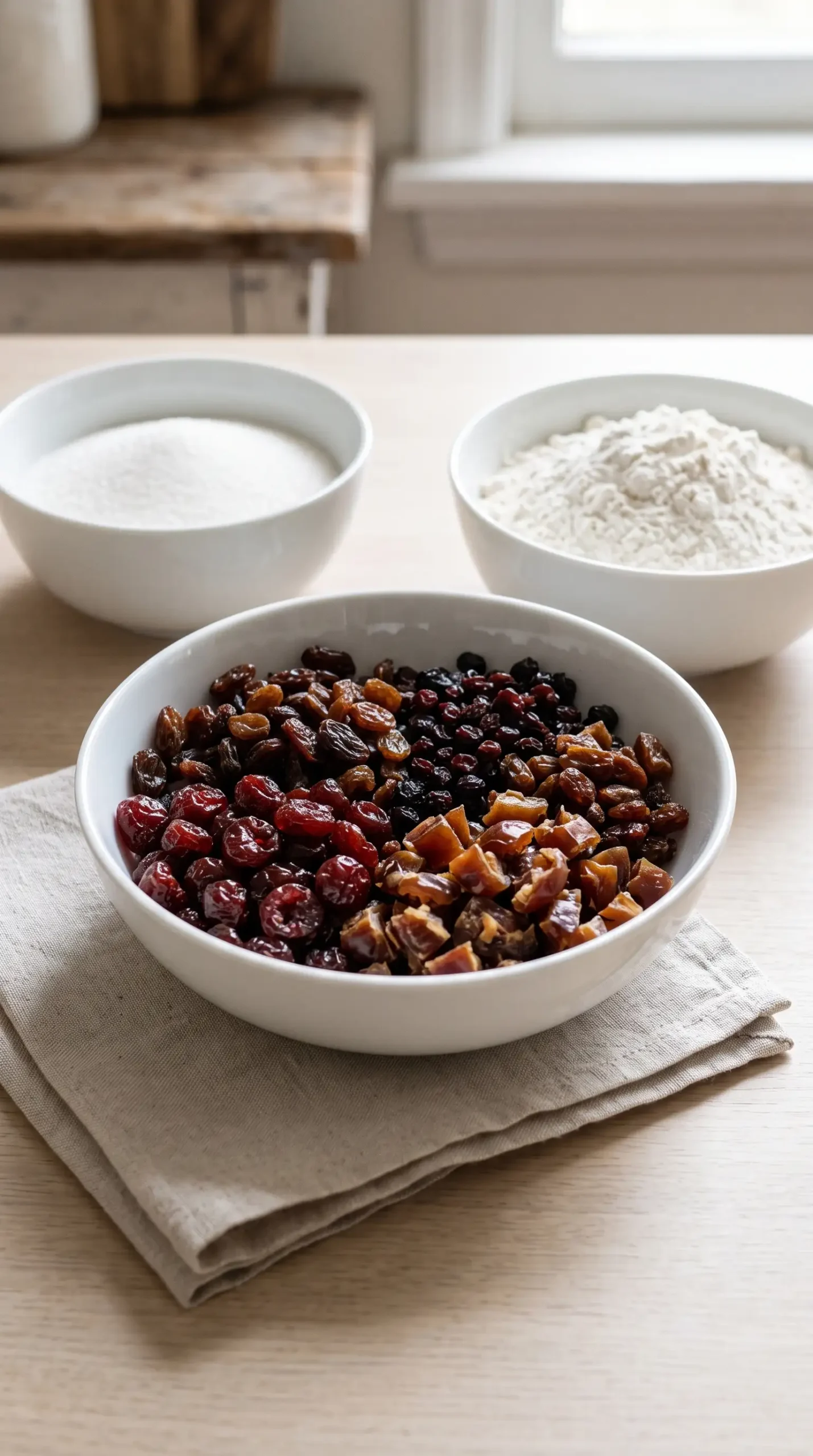 Dried fruit, sugar, and self-rising flour prepared for a 3 ingredient fruit cake recipe