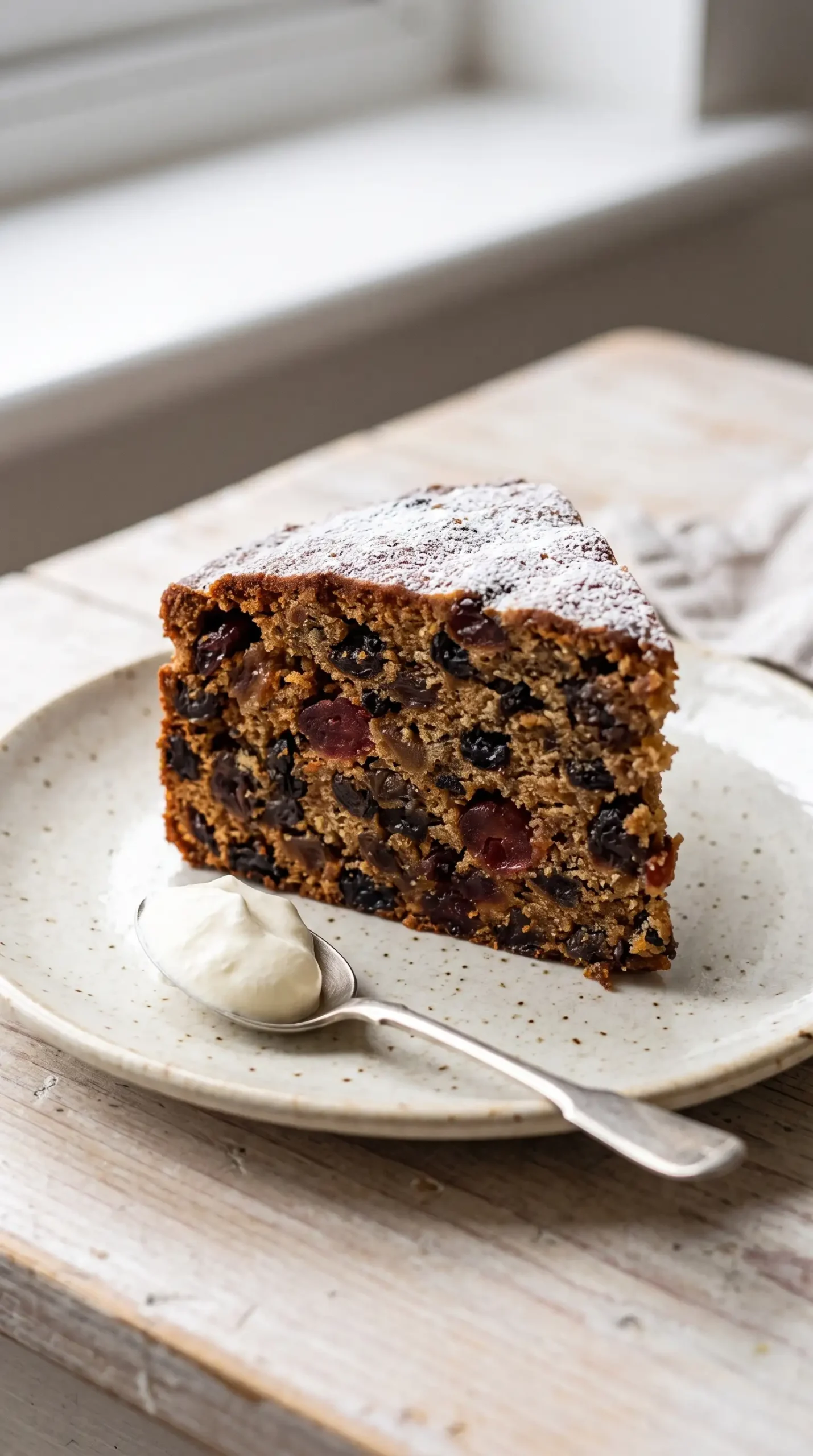 Slice of fruit cake with dried fruit pieces and powdered sugar served on a plate