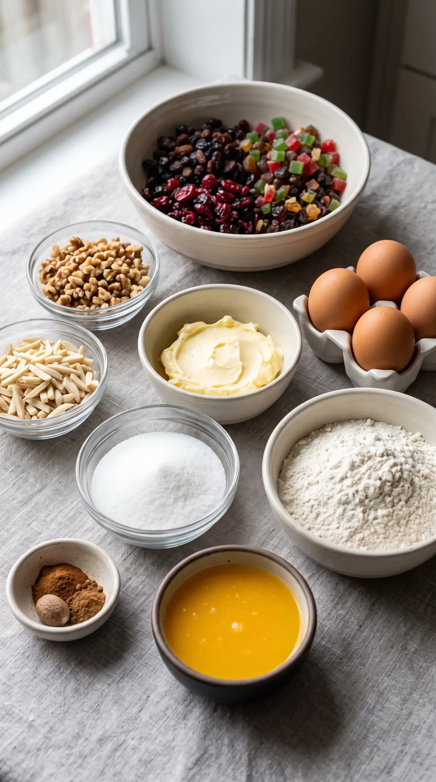 Fruit Loaf Ingredients Dried fruits, chopped nuts, and baking ingredients prepared for a fruit loaf recipe