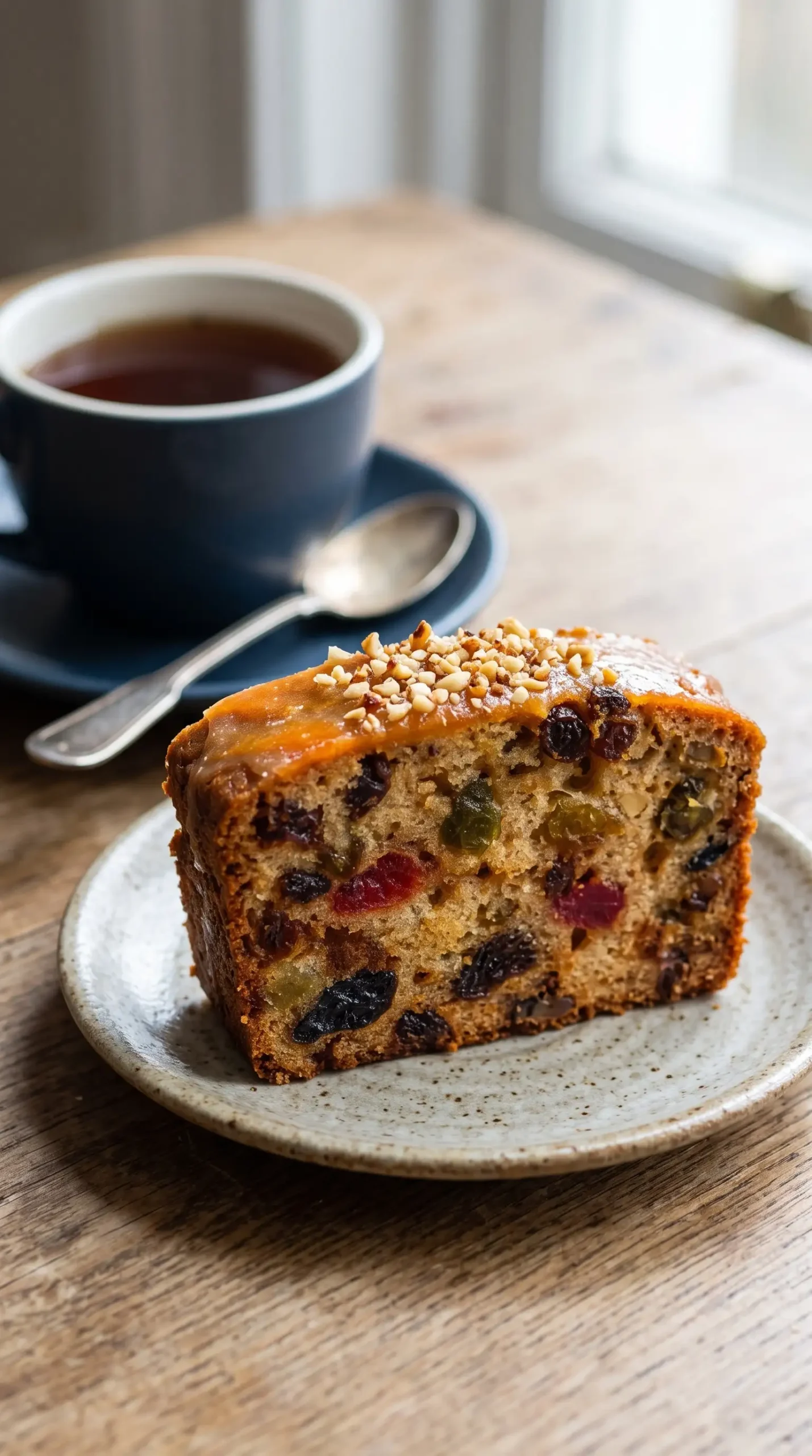 Fruit Loaf Slice with Tea Slice of fruit loaf with dried fruits and nuts served with tea