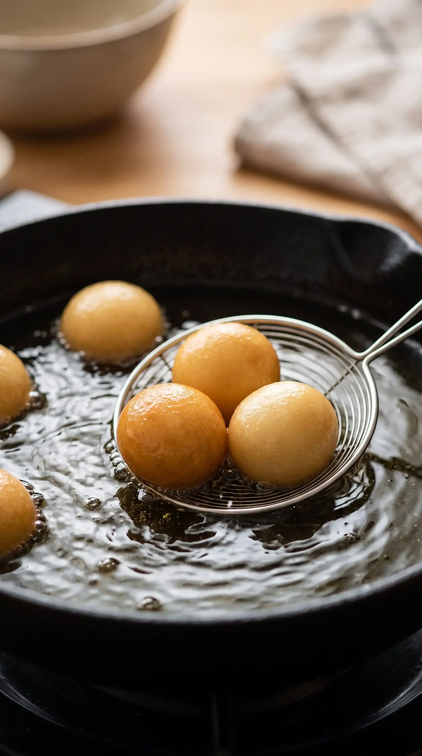 Milk powder jamun balls frying to a golden color in oil