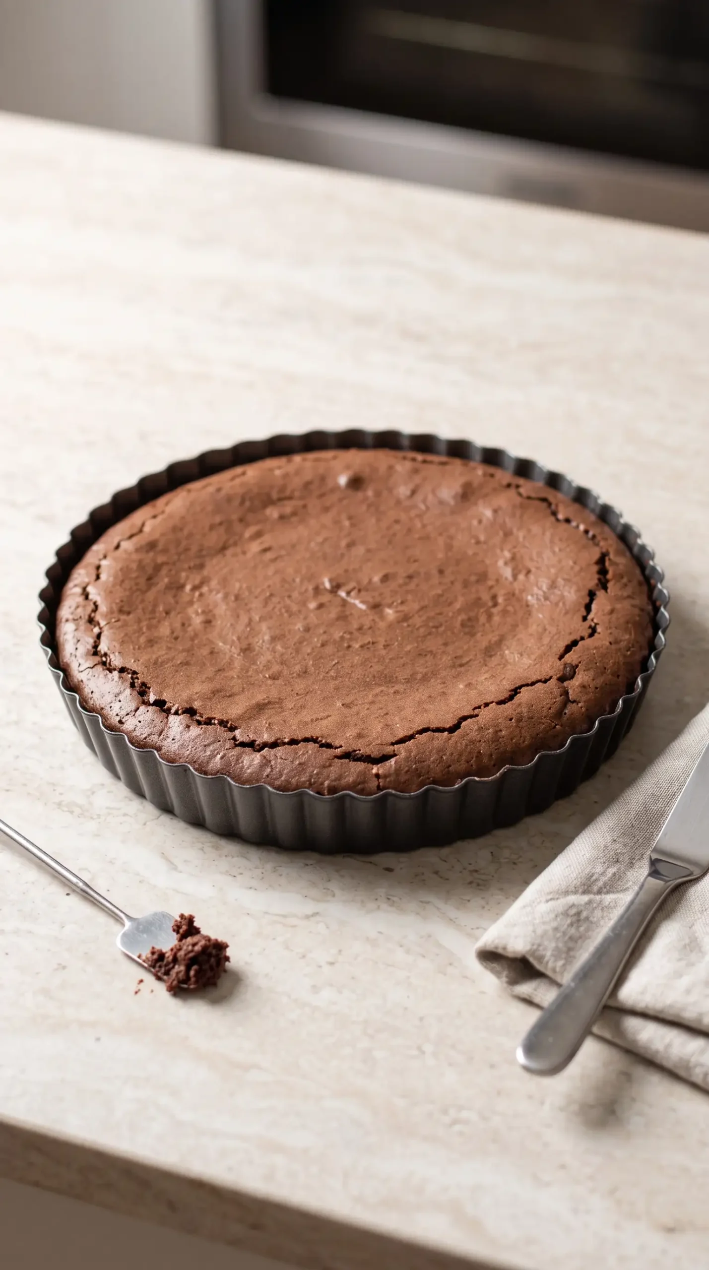 Thin fudgy brownie base cooling in a tart pan before adding mousse