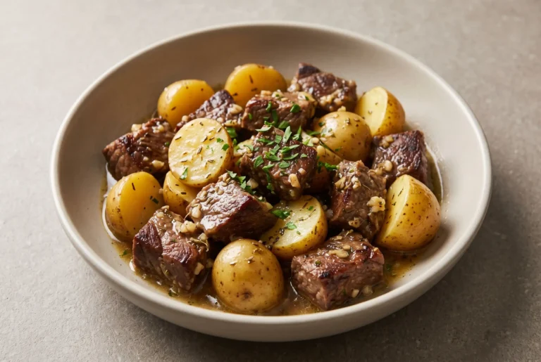 Garlic butter beef bites with tender beef chunks, baby potatoes, and herb sauce in a ceramic bowl
