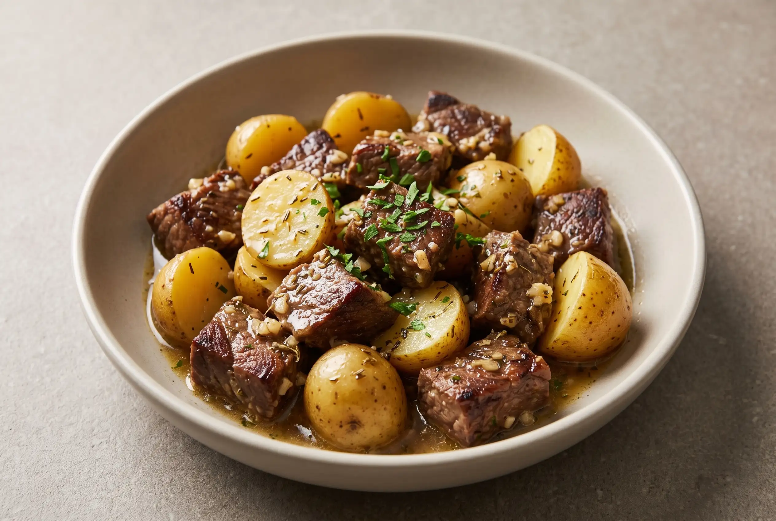 Garlic butter beef bites with tender beef chunks, baby potatoes, and herb sauce in a ceramic bowl
