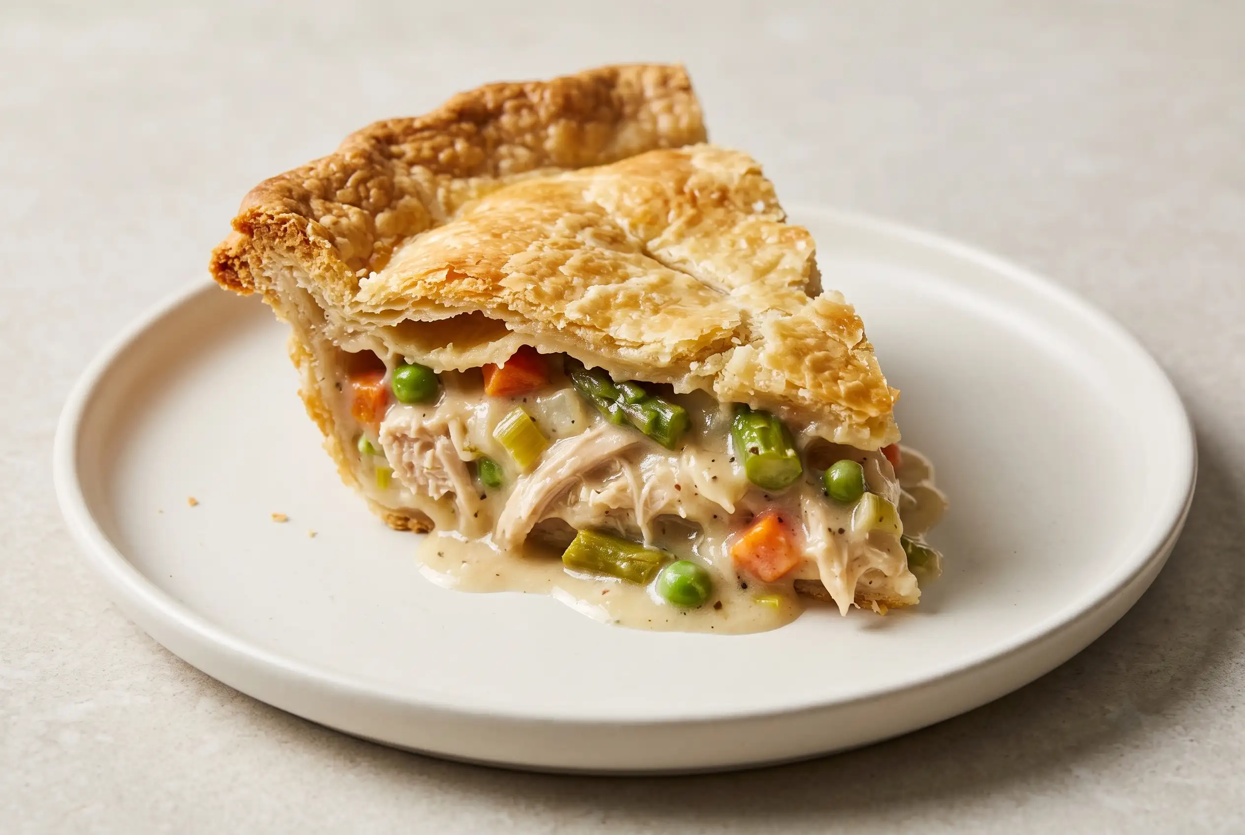 Garlic Chicken Pot Pie Slice Slice of garlic chicken pot pie with flaky crust and creamy vegetable-filled garlic gravy