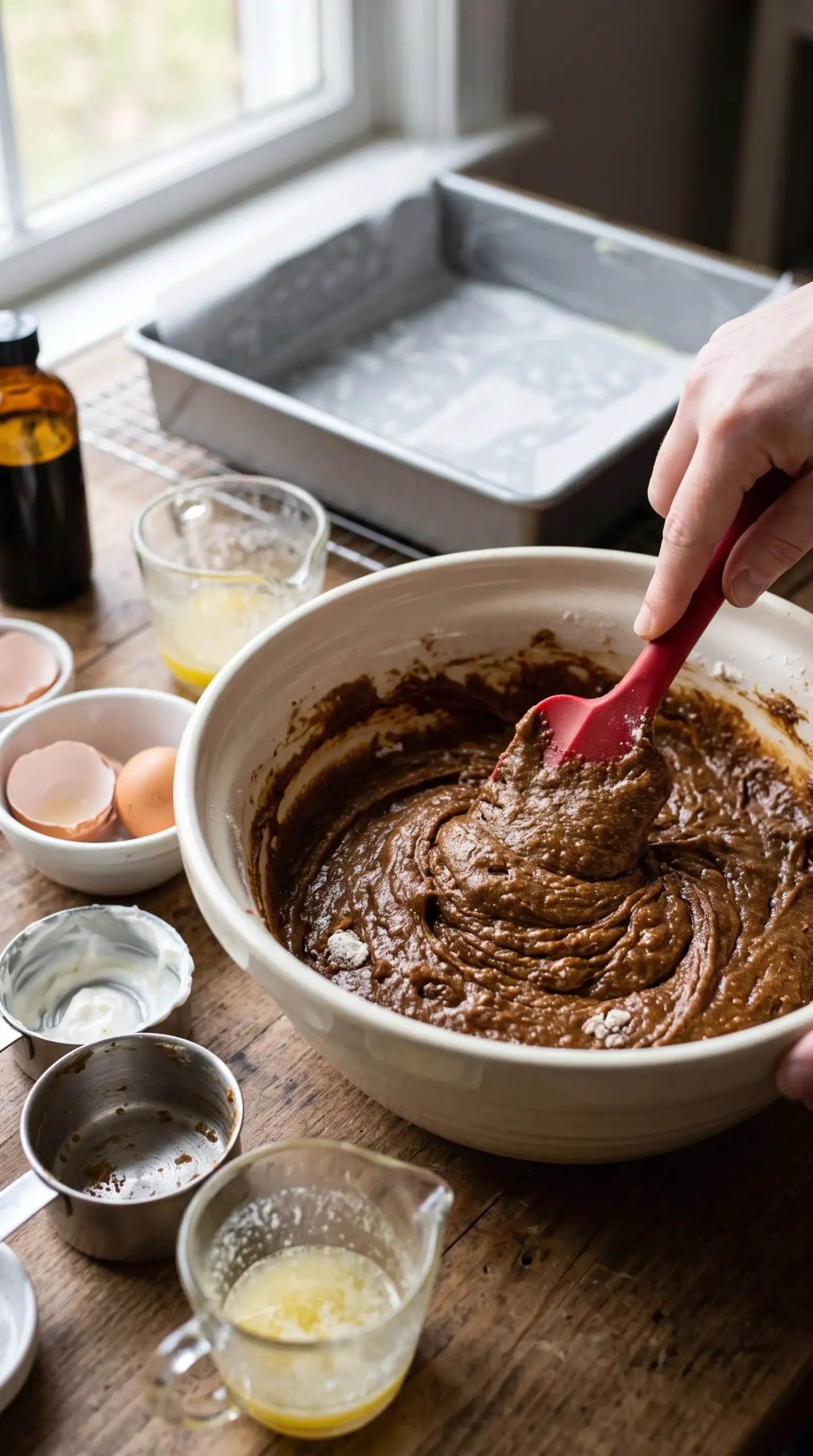 Spiced gingerbread cake batter being mixed with molasses and baking ingredients