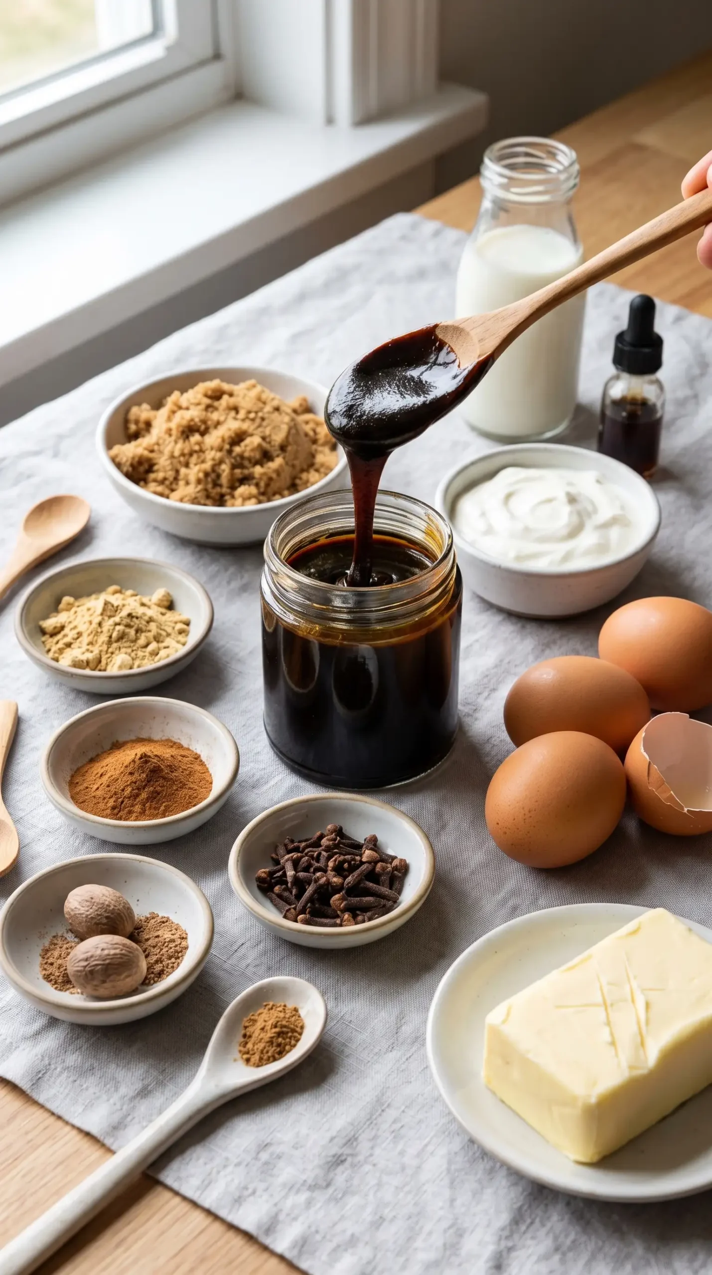 Molasses, spices, and baking ingredients for gingerbread cake preparation