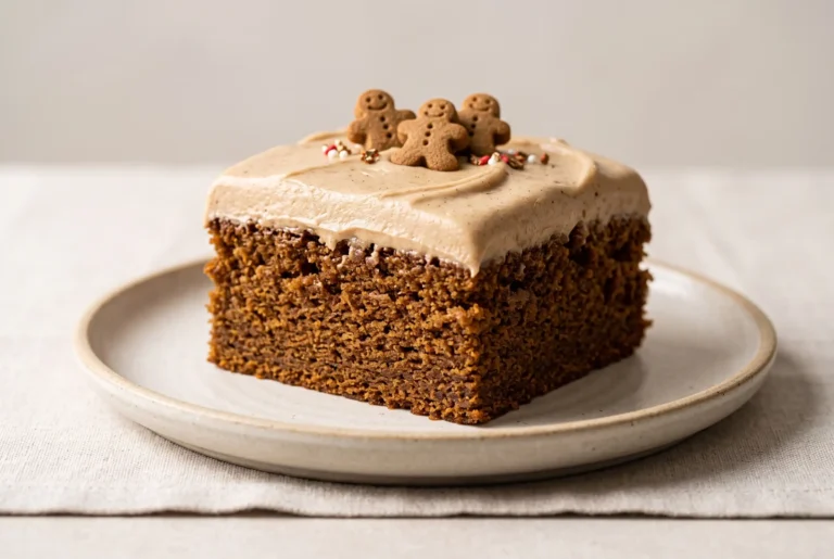 Slice of gingerbread cake with molasses buttercream frosting on a ceramic plate