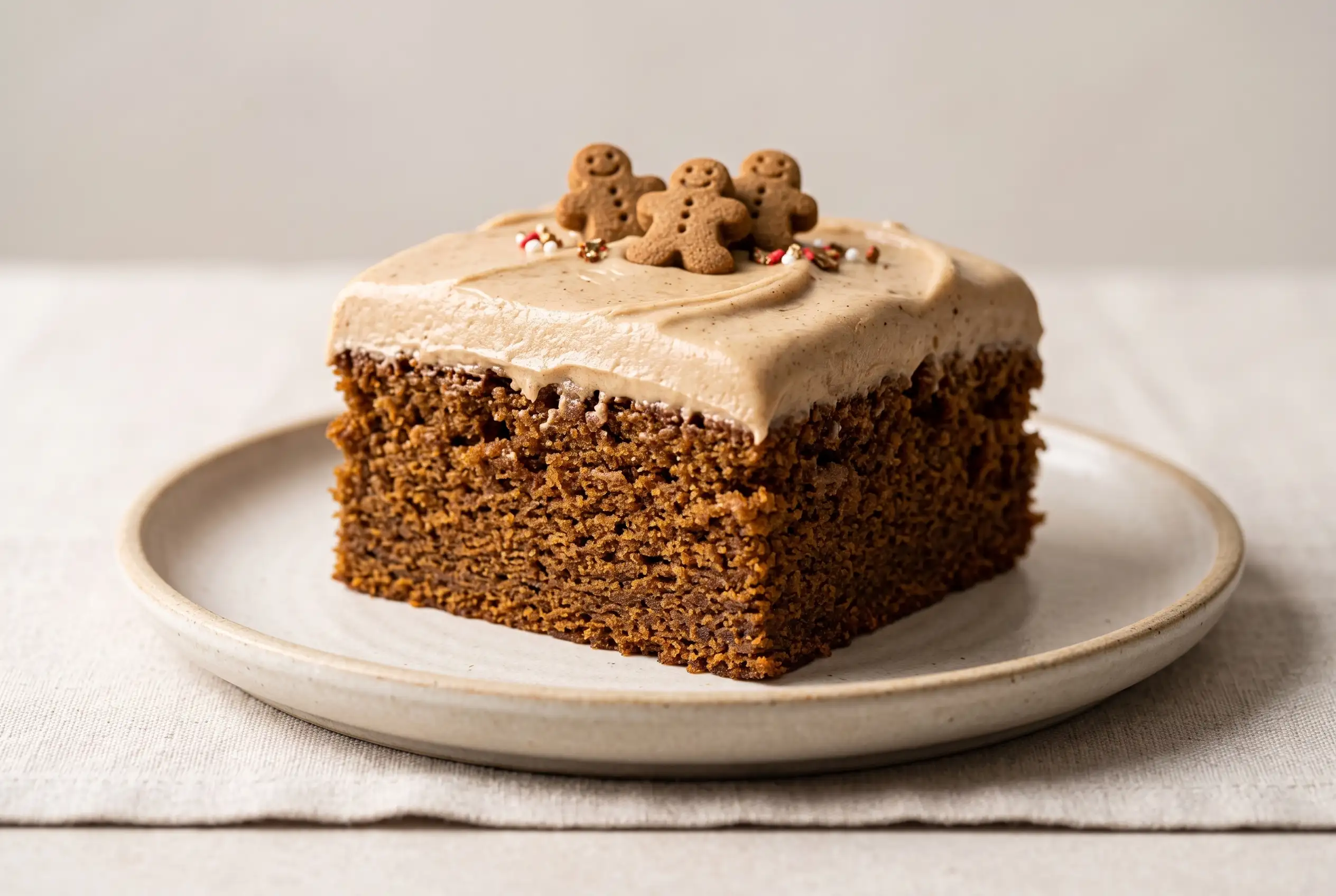 Gingerbread Cake with Molasses Frosting Slice of gingerbread cake with molasses buttercream frosting on a ceramic plate
