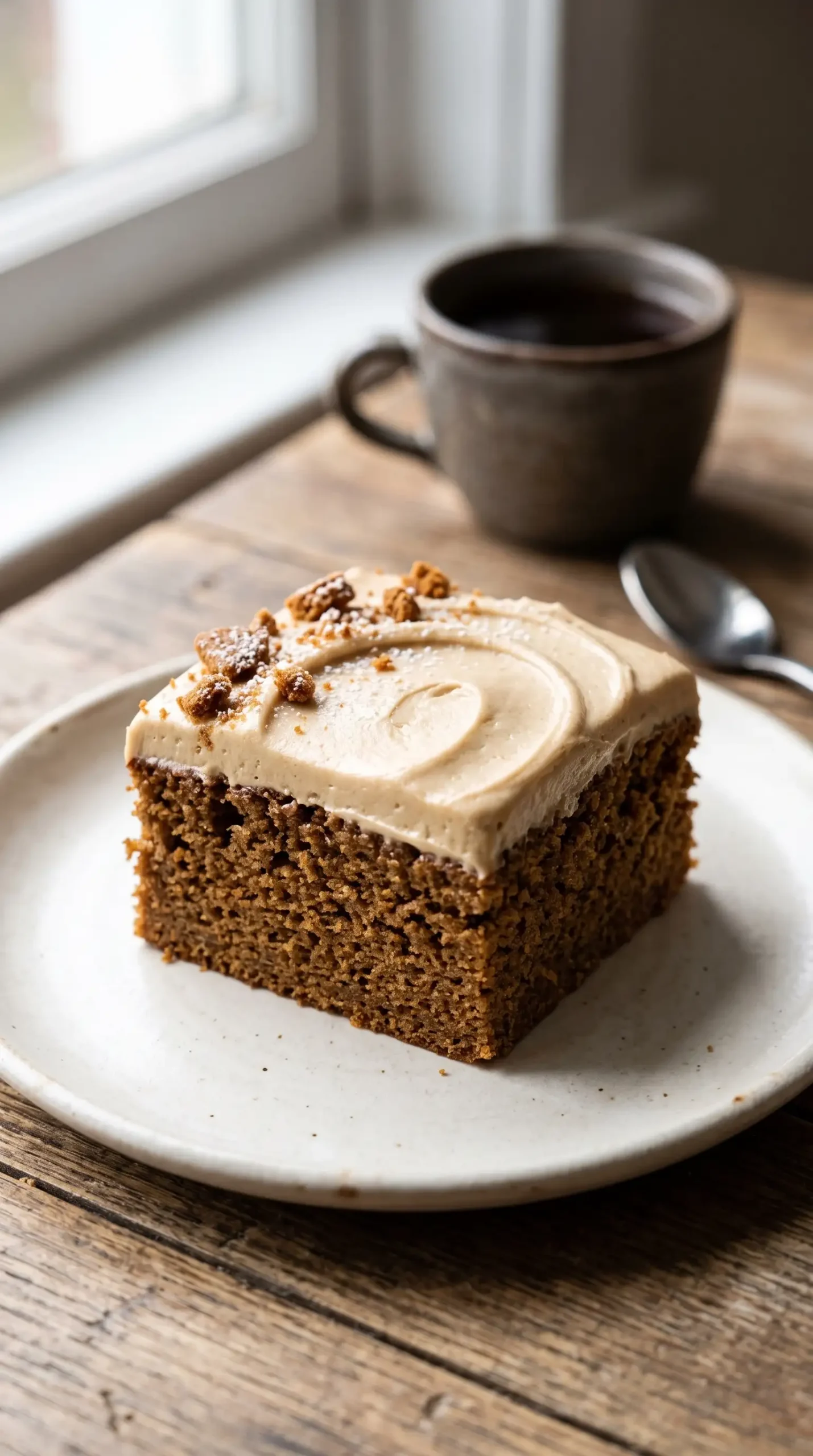 Square slice of gingerbread cake with molasses buttercream frosting served on a plate