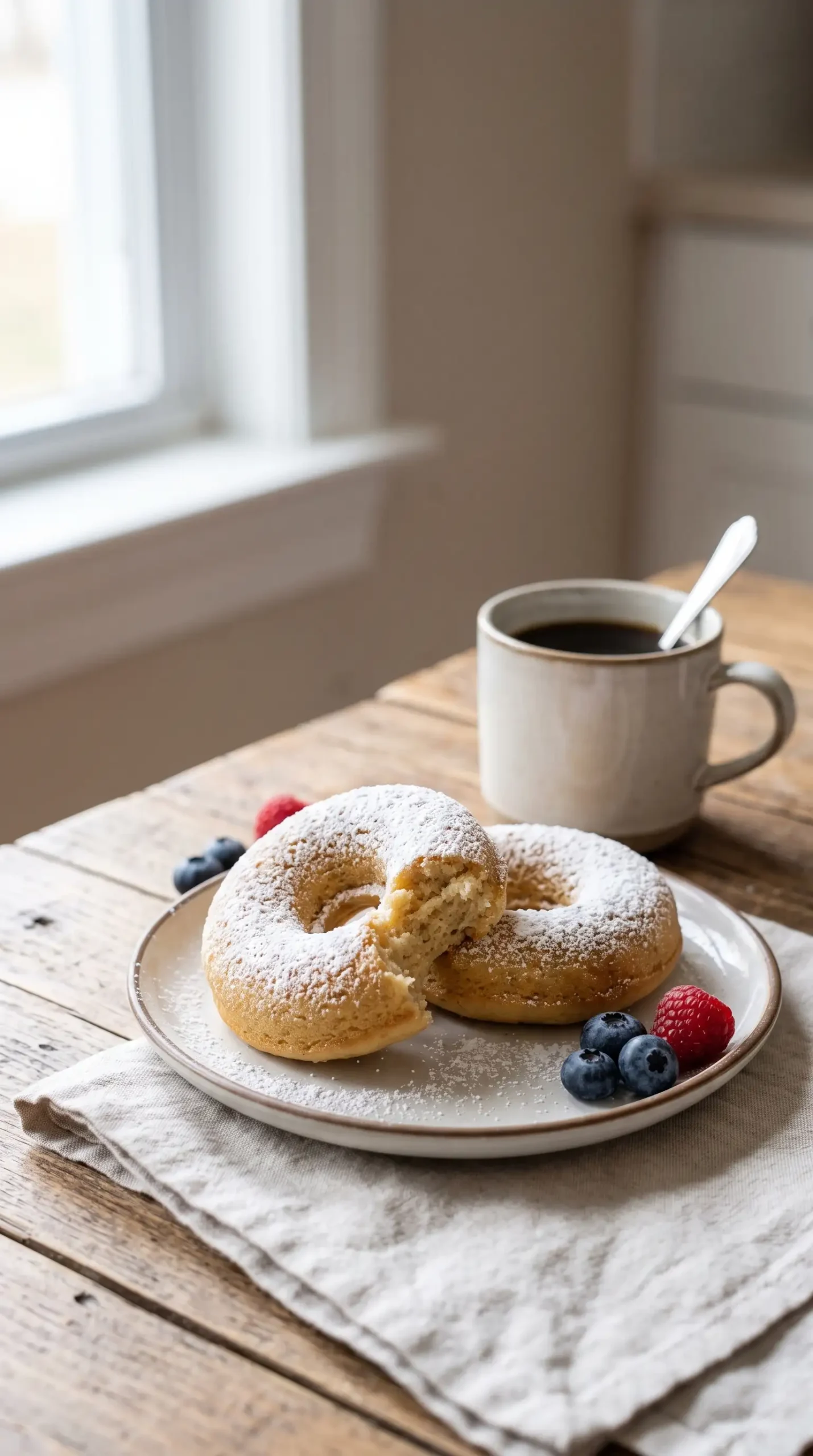 Glazed baked cake donuts served on a plate with coffee and fresh berries