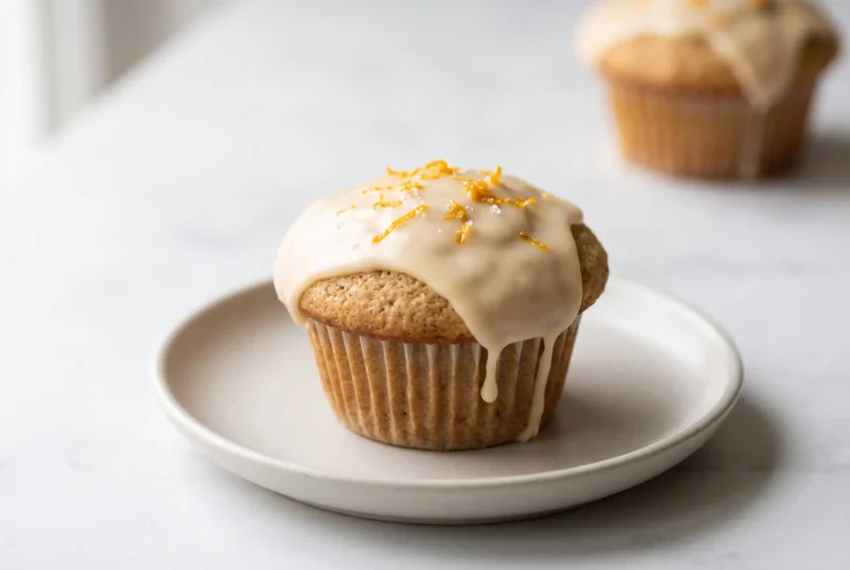 Glazed orange muffin with pale orange icing, sugared zest, and natural drips on a ceramic plate