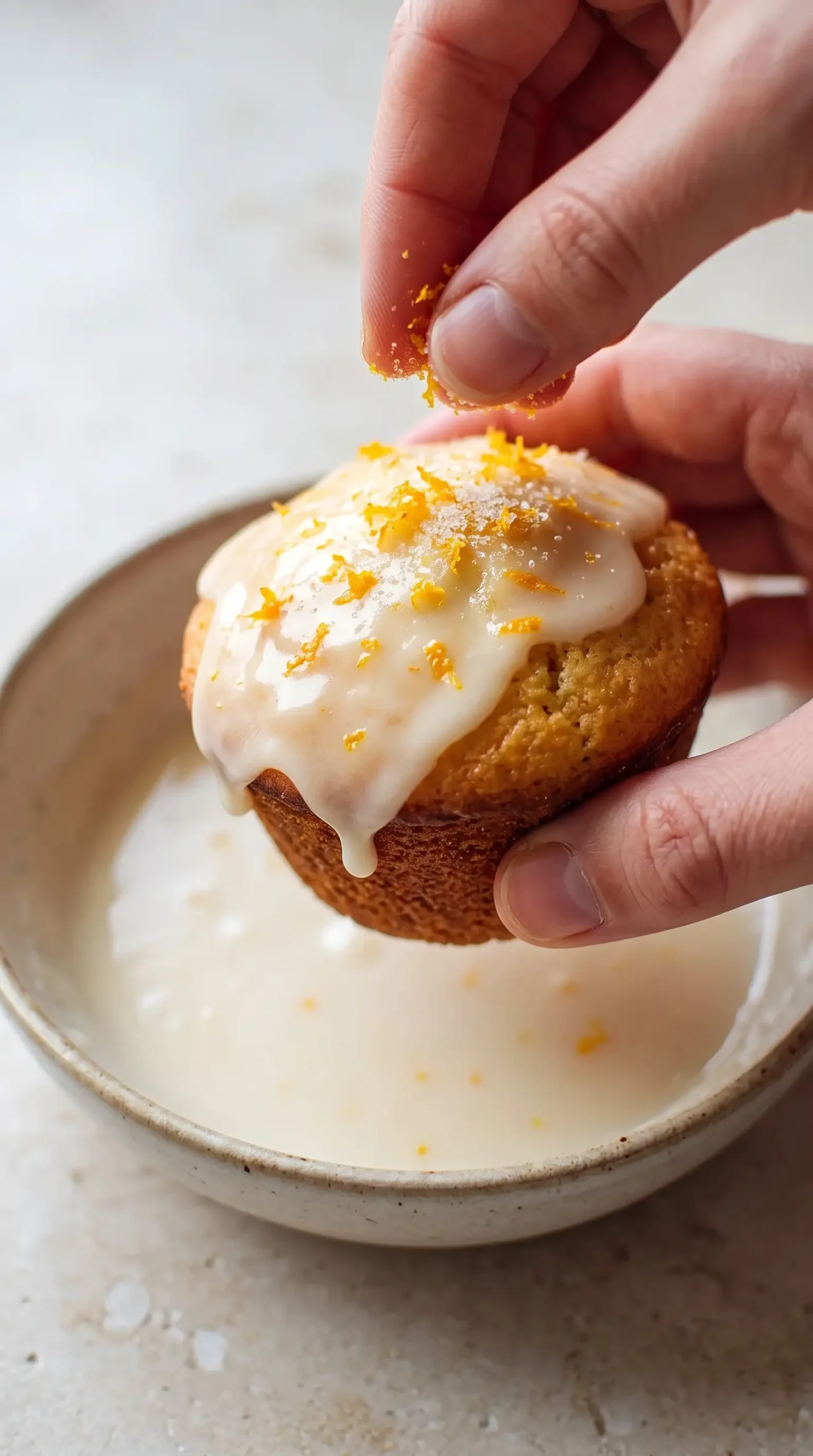 Glazing an Orange Muffin Cooled orange muffin dipped in thick glaze and topped with sugared orange zest