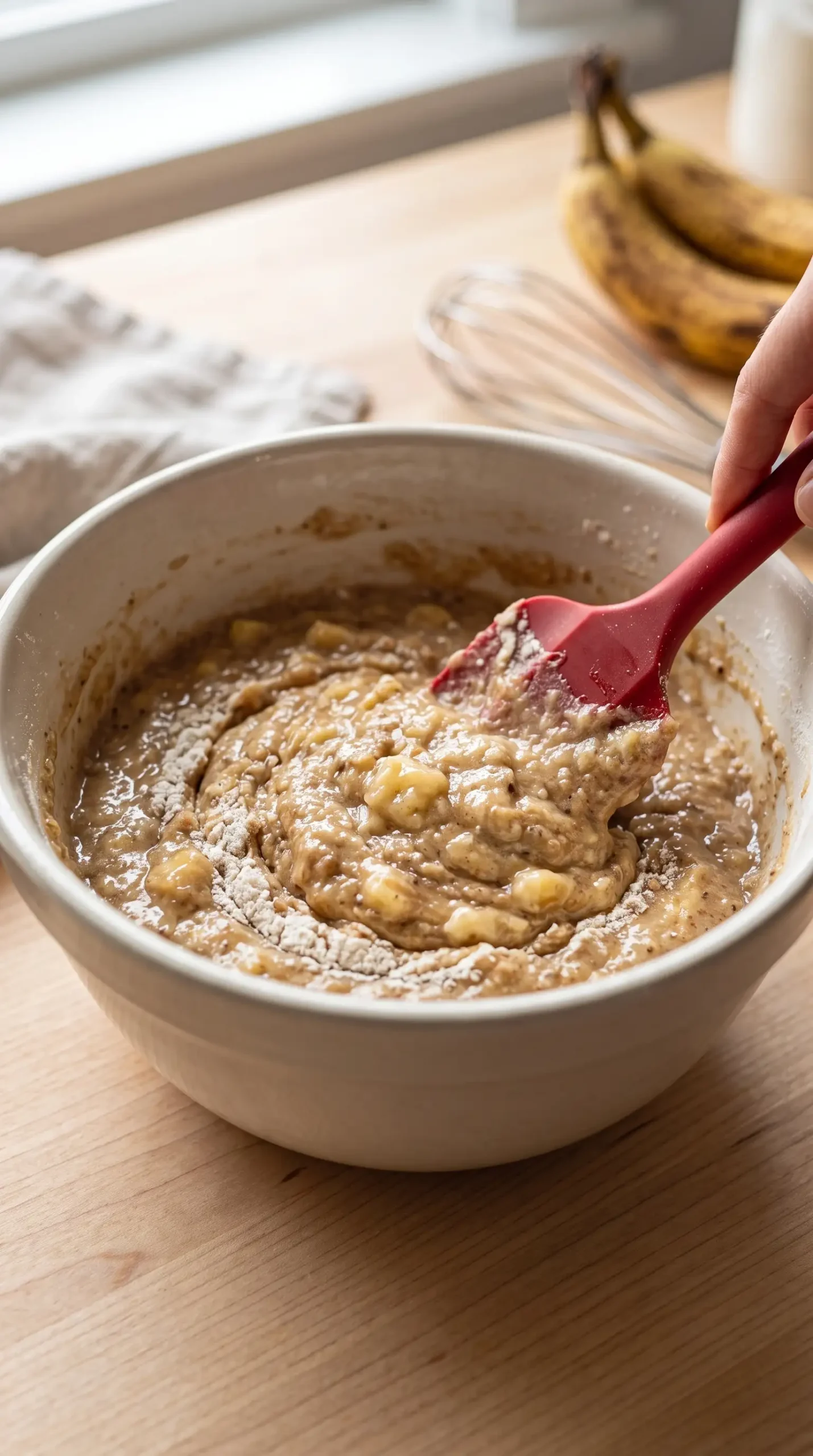 Gluten free banana bread batter gently folded with mashed bananas in a bowl