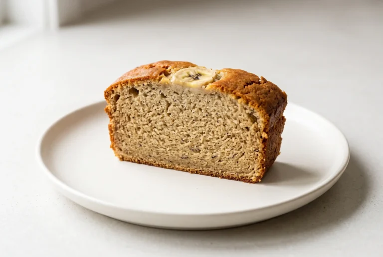Slice of gluten free banana bread with moist crumb and golden-brown crust on a plate
