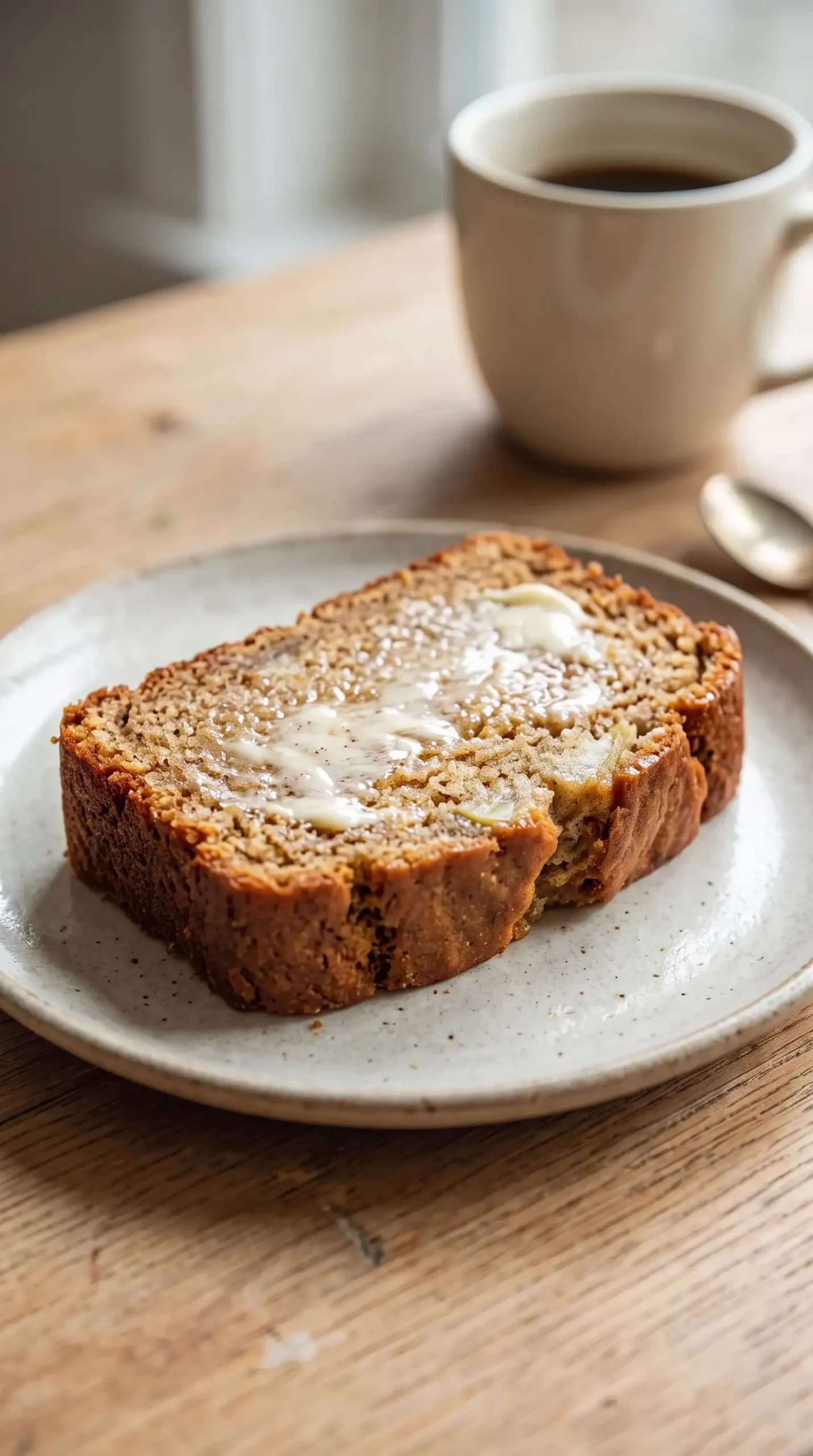 Slice of gluten free banana bread served with butter and coffee