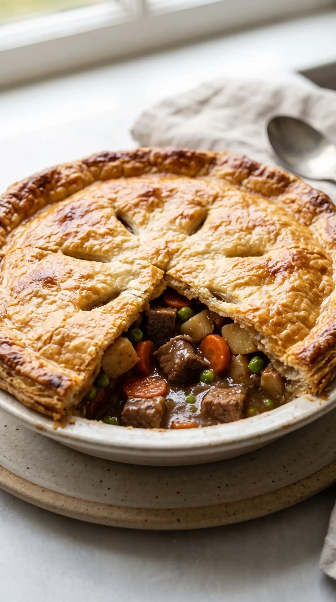 Baked beef pot pie with golden crust and visible beef, vegetables, and gravy filling
