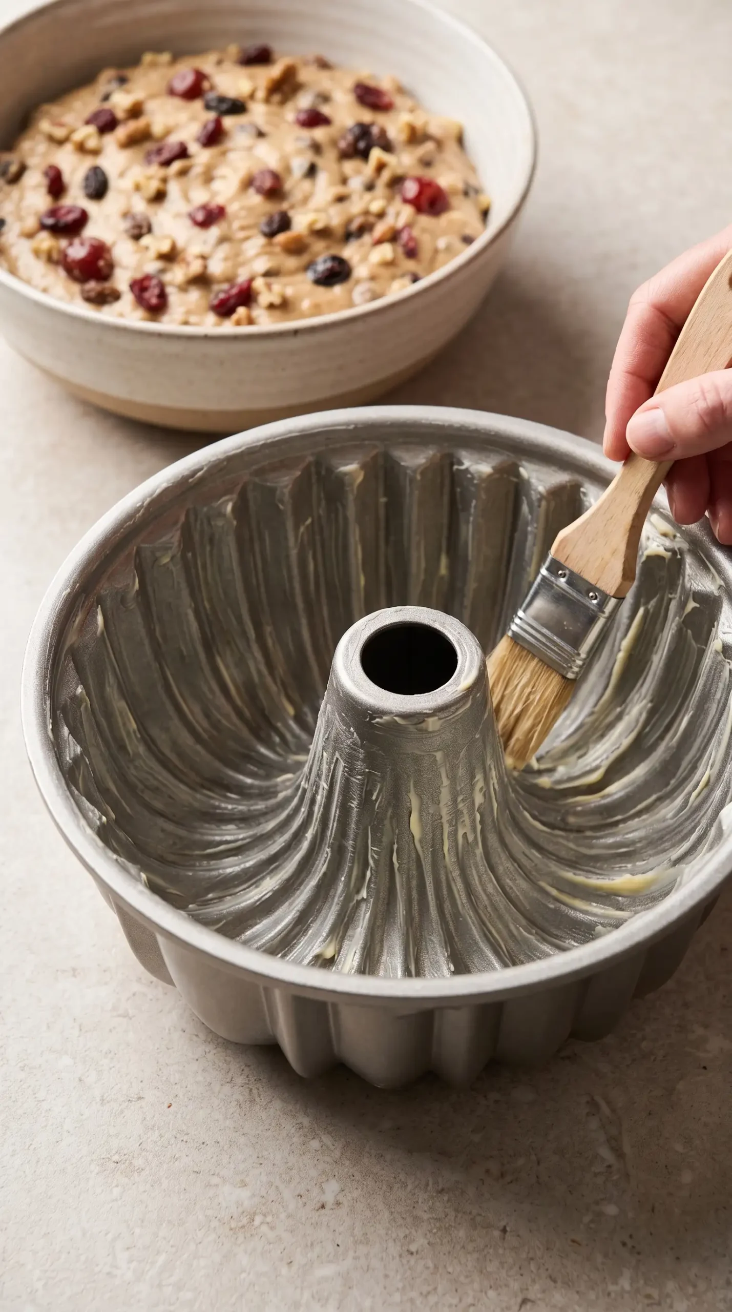Ridged bundt pan being greased beside a bowl of fruit-studded spiced cake batter