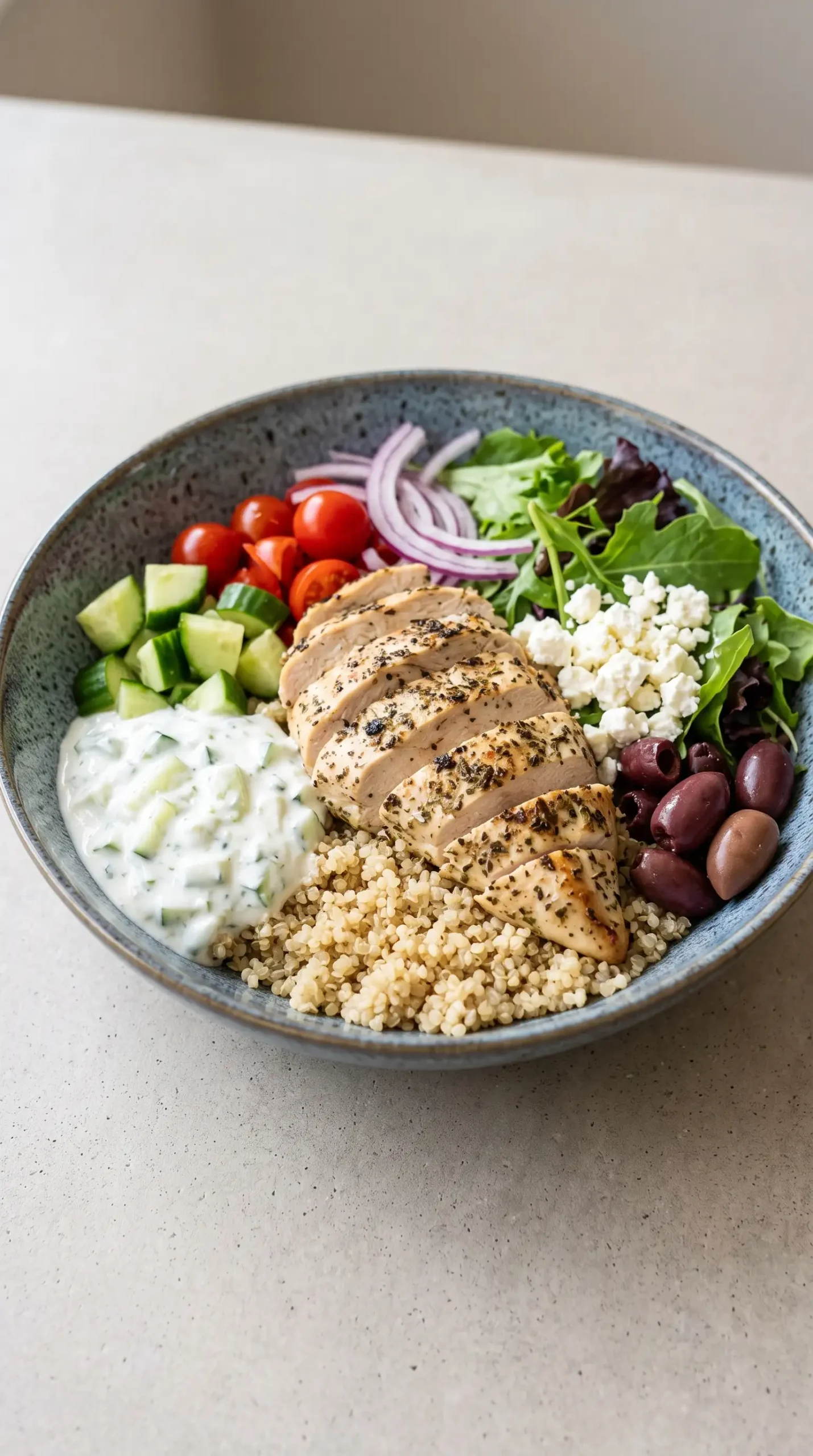 Greek chicken bowl with quinoa, grilled chicken, tzatziki, vegetables, feta, and olives