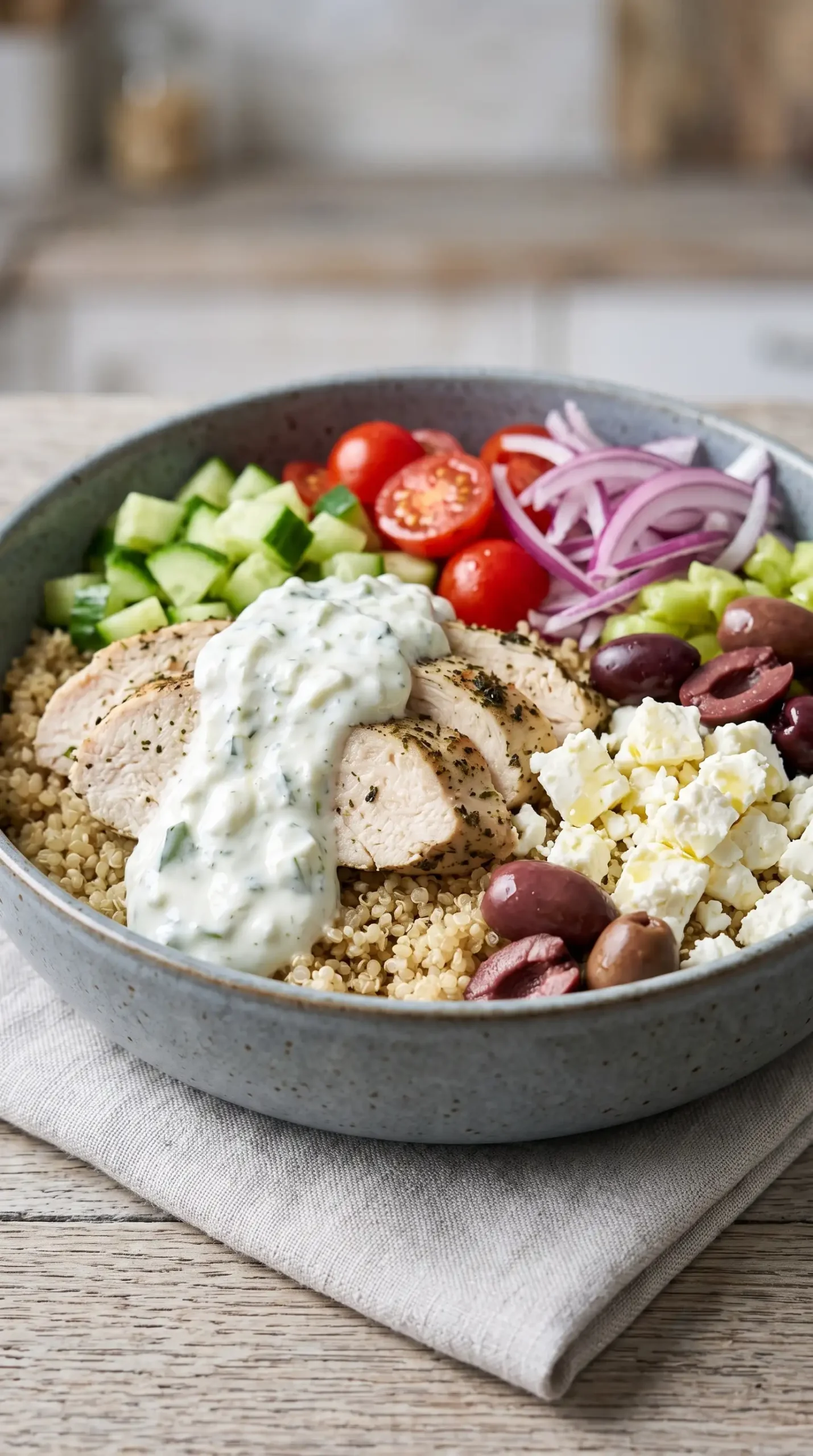 Greek chicken bowl topped with tzatziki, cucumber, tomatoes, feta, and Kalamata olives