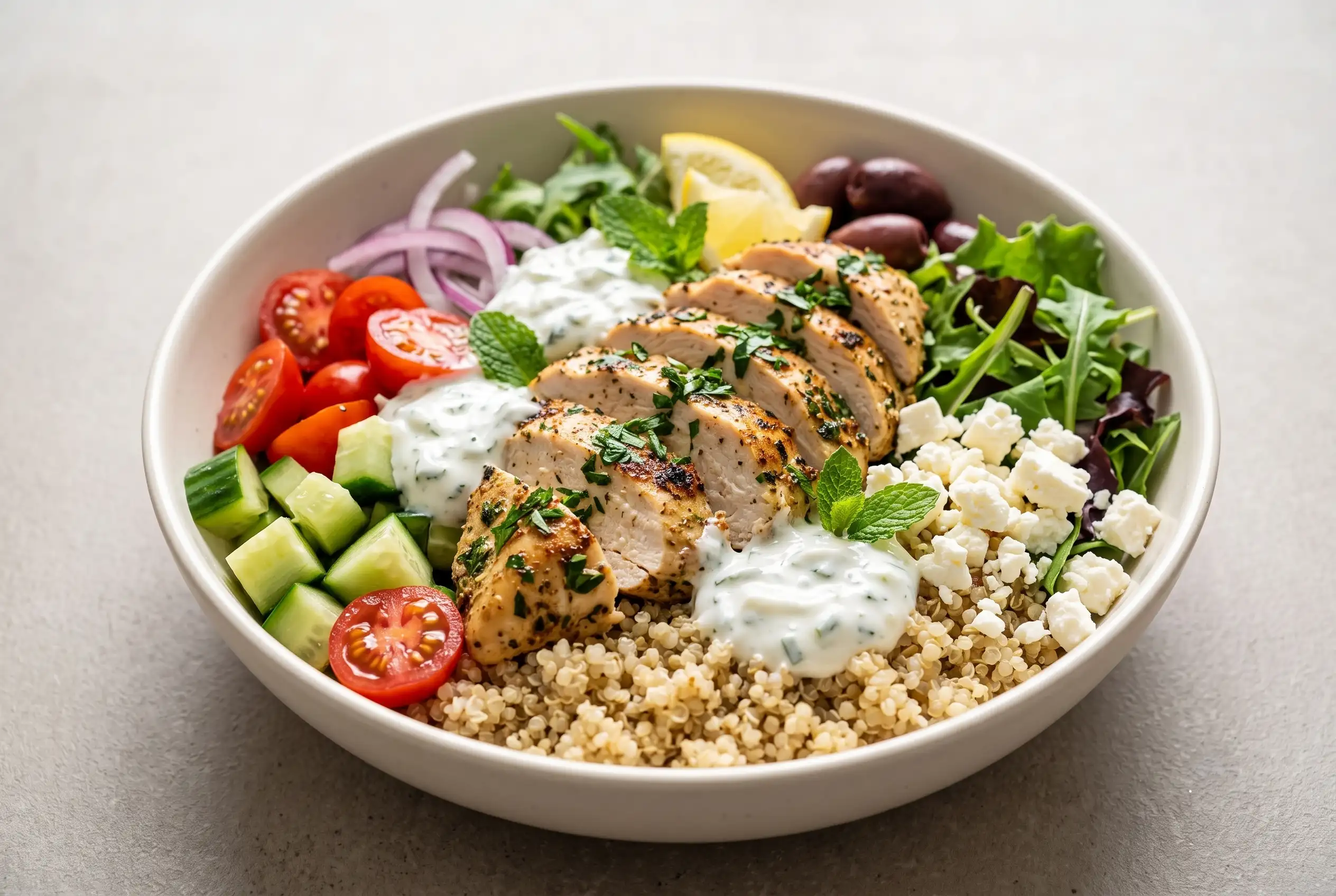 Greek chicken bowl with quinoa, tzatziki, sliced chicken, vegetables, feta, and olives