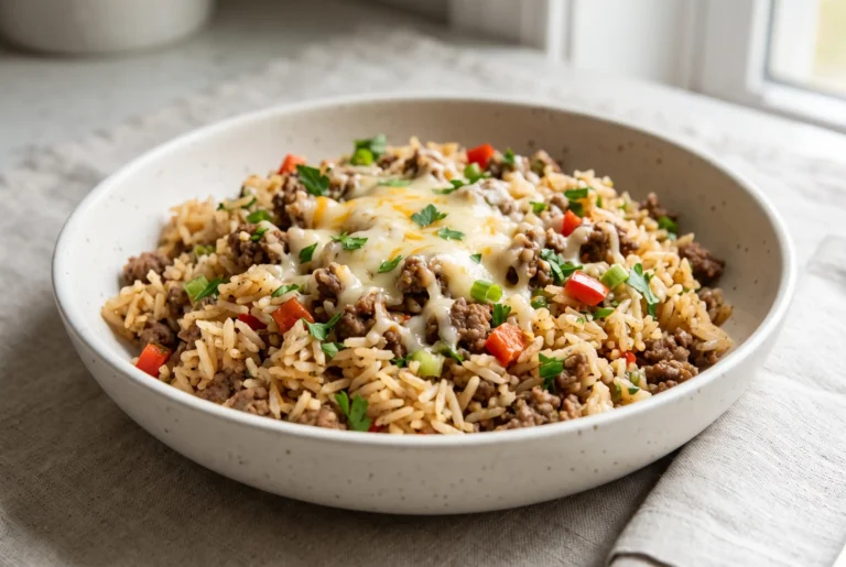 Ground beef and rice skillet dinner with browned beef, tender rice, melted cheese, and herbs