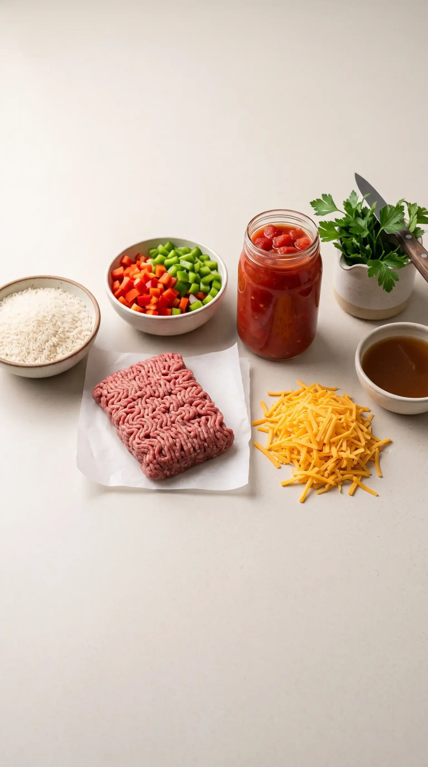 Ingredients for ground beef and rice skillet with uncooked rice, beef, vegetables, cheese, and broth