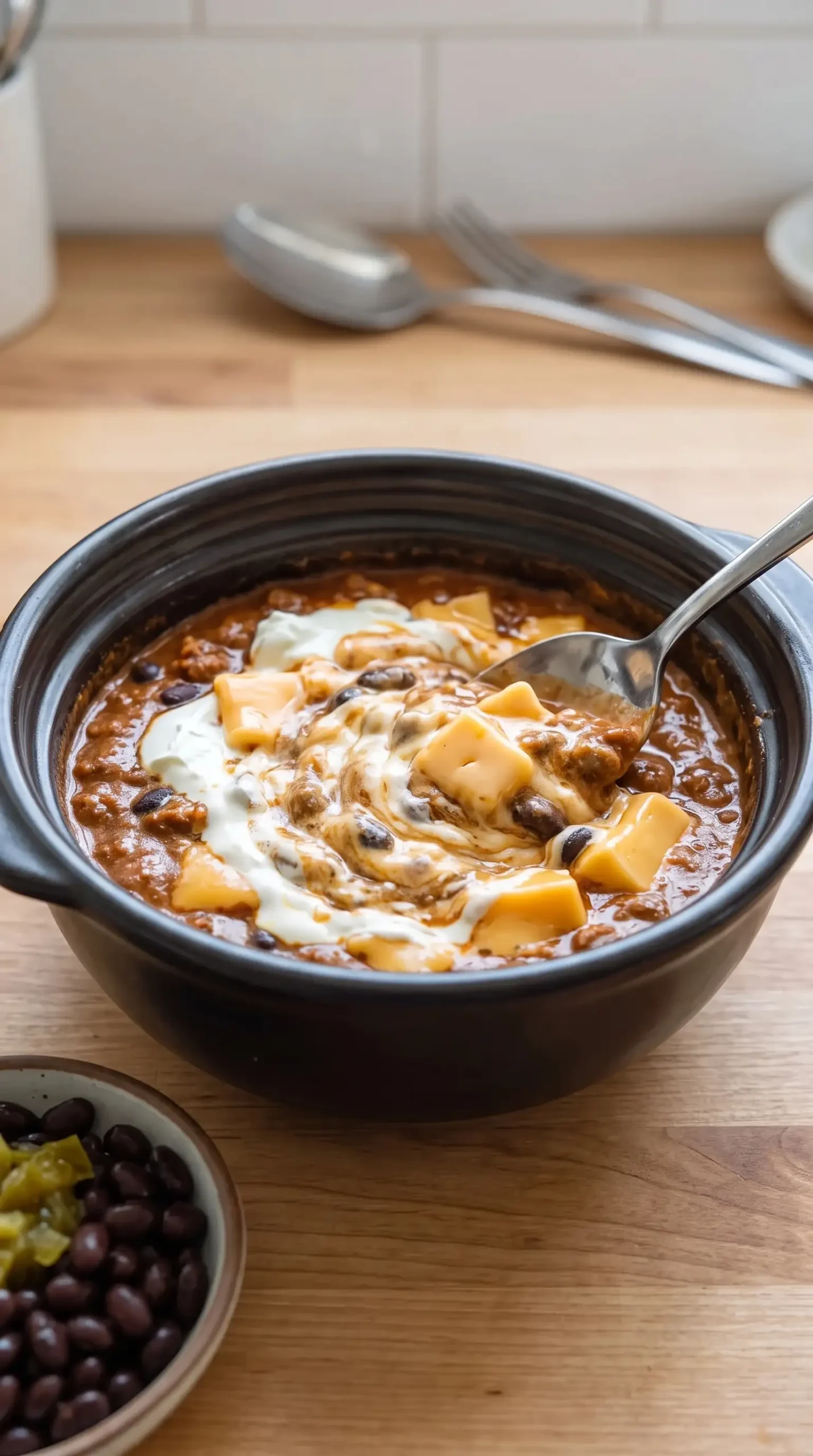Cream cheese, Velveeta, and chili combining during preparation for black bean dip