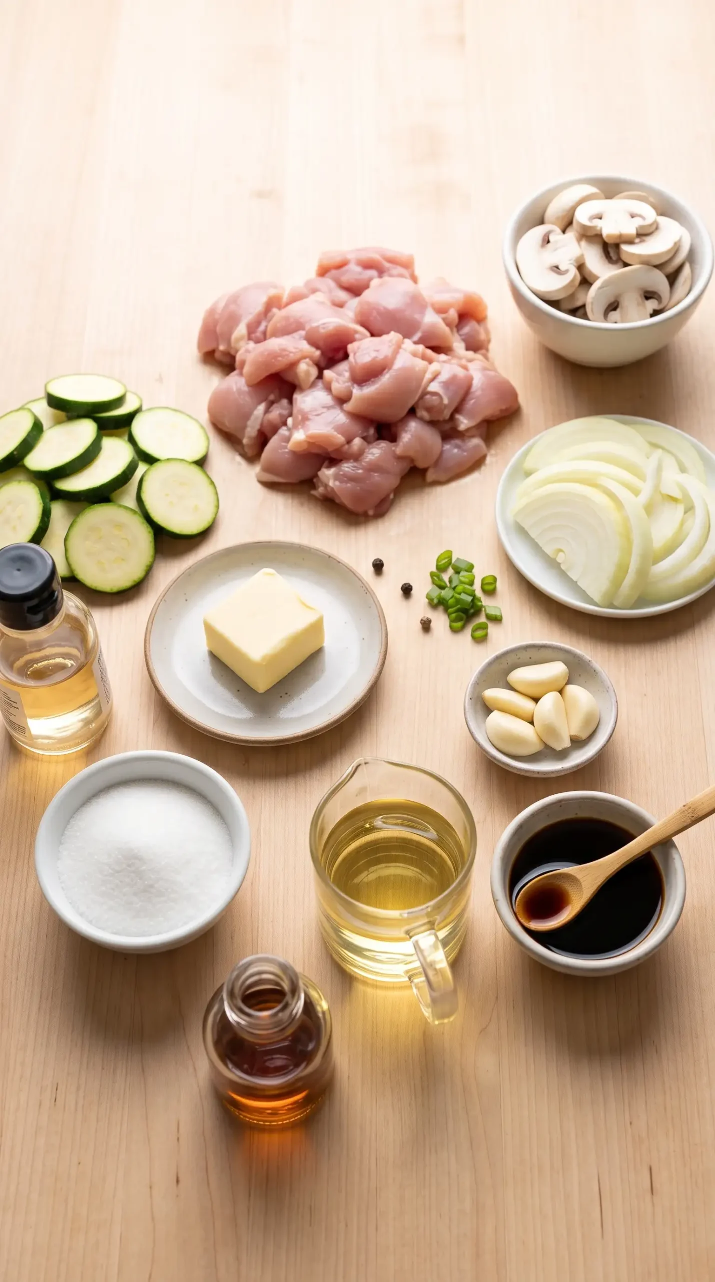 Ingredients for hibachi chicken skillet with chicken, zucchini, mushrooms, onions, and soy sauce