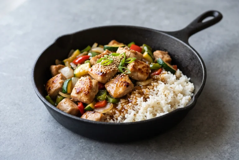 Hibachi chicken skillet with browned chicken, vegetables, rice, and soy garlic butter sauce
