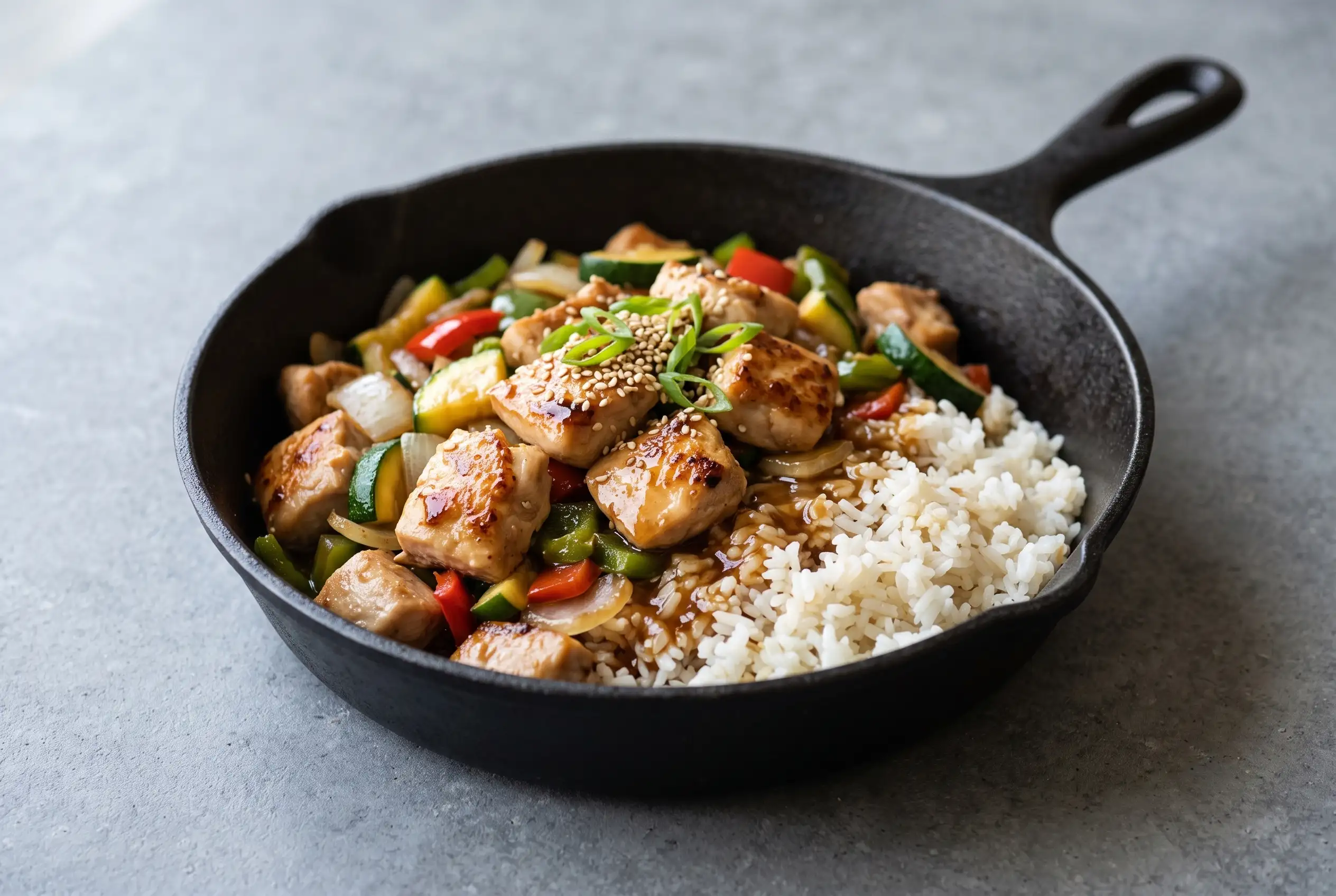 Hibachi Chicken Skillet Hibachi chicken skillet with browned chicken, vegetables, rice, and soy garlic butter sauce