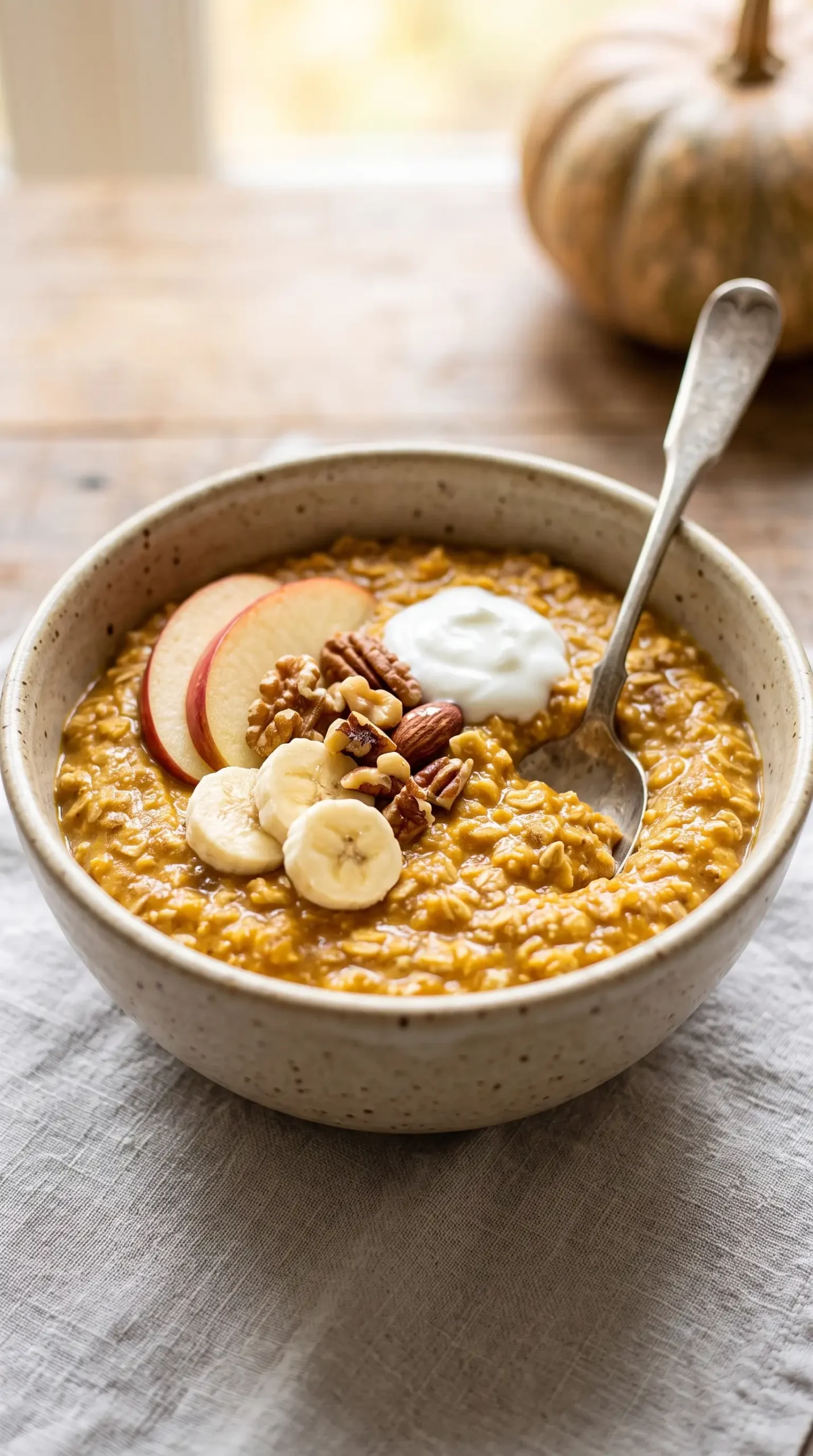 High protein pumpkin oatmeal bowl topped with fruit, nuts, and yogurt
