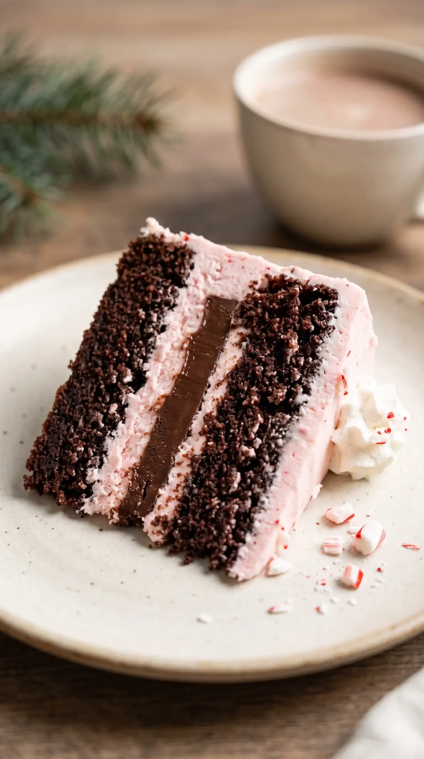 Holiday peppermint chocolate cake slice with ganache center and buttercream layers