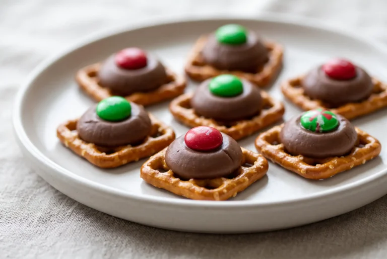 Holiday pretzel bites with chocolate centers and red and green candy pieces on a serving plate