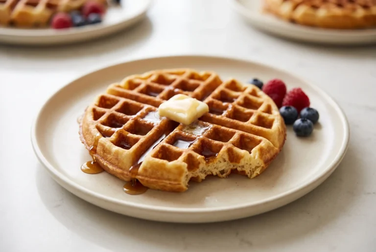 Homemade waffle recipe served as a golden crisp waffle with butter and maple syrup