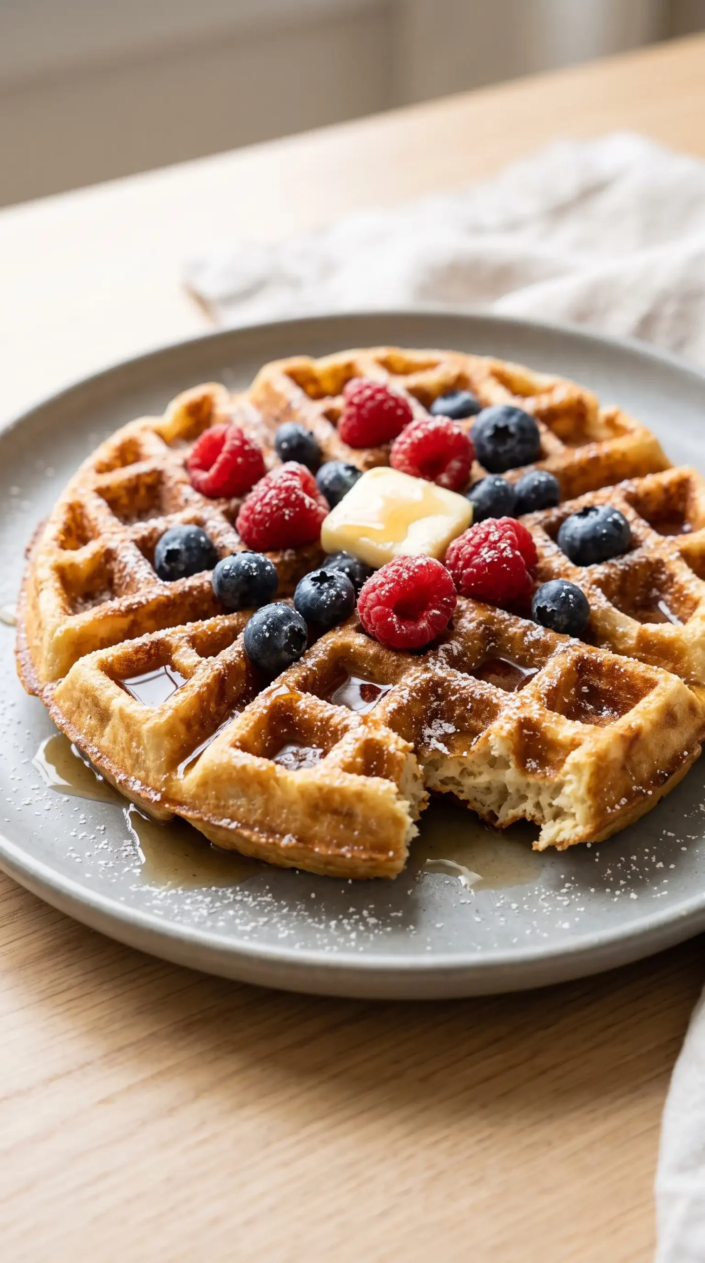 Finished homemade waffle topped with berries, butter, syrup, and powdered sugar
