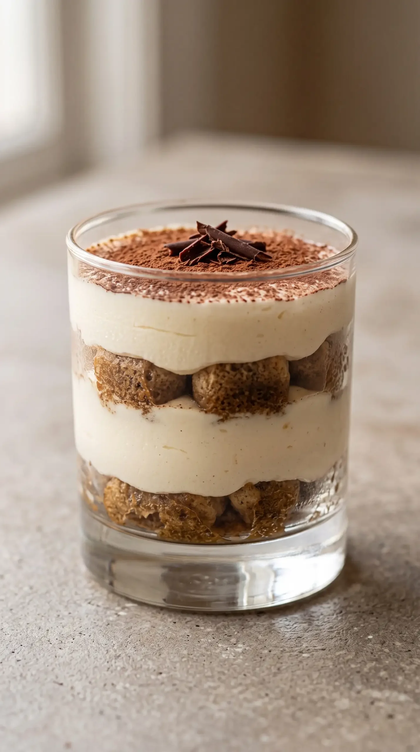 Individual glass serving of tiramisu with mascarpone cream, coffee layers, and cocoa