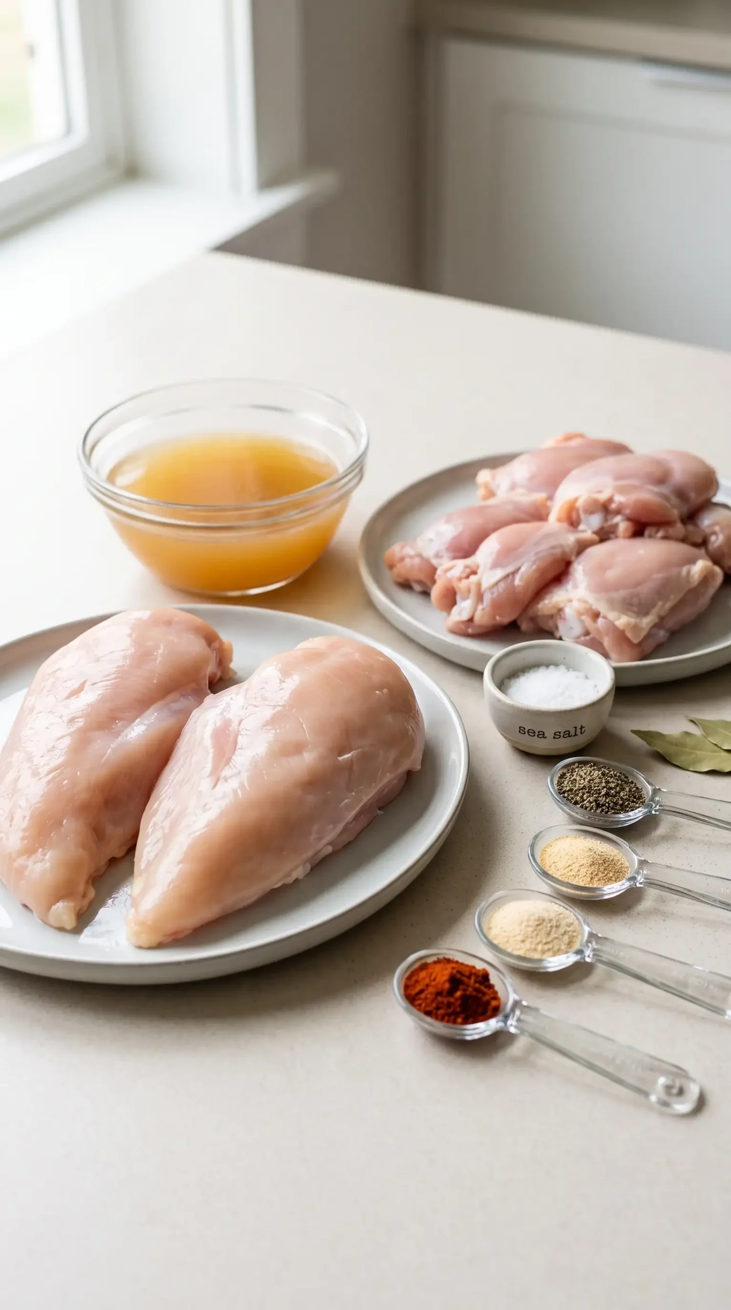 Chicken, broth, and seasonings prepared for Instant Pot shredded chicken