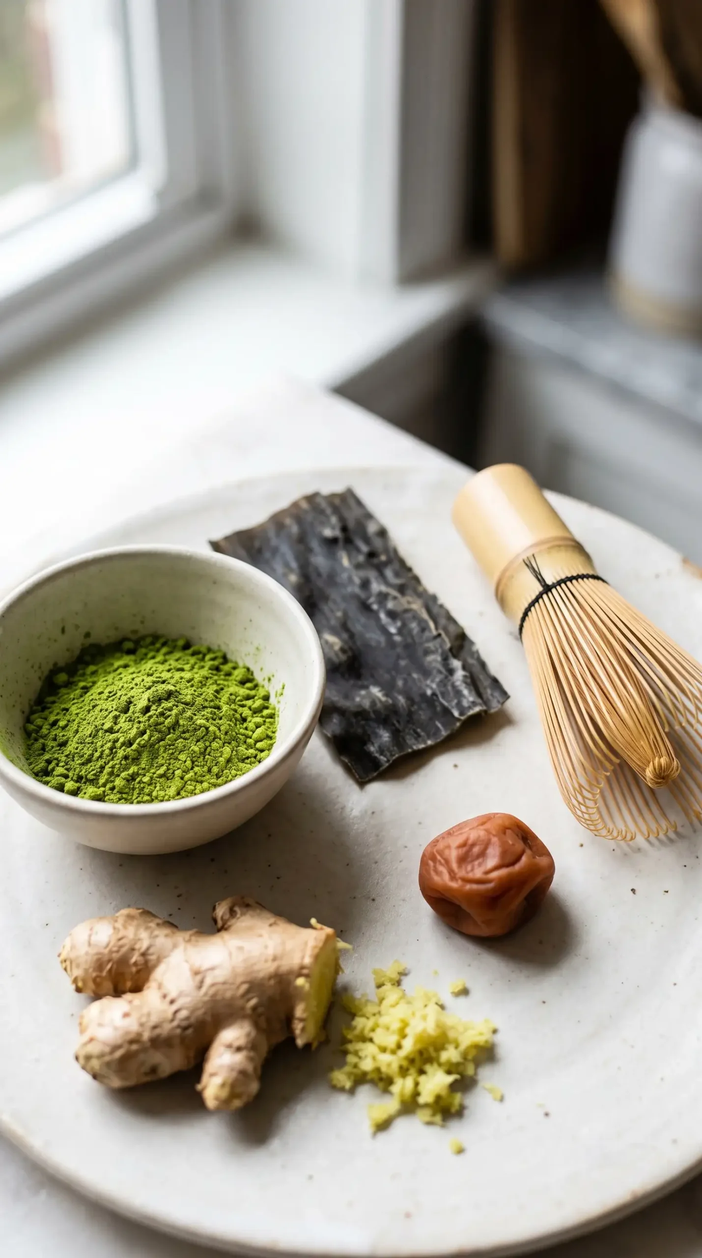 Matcha powder, kombu, ginger, umeboshi, and bamboo whisk for a savory matcha drink