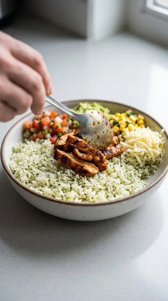 Chipotle burrito bowl being layered with rice, chicken, beans, and toppings