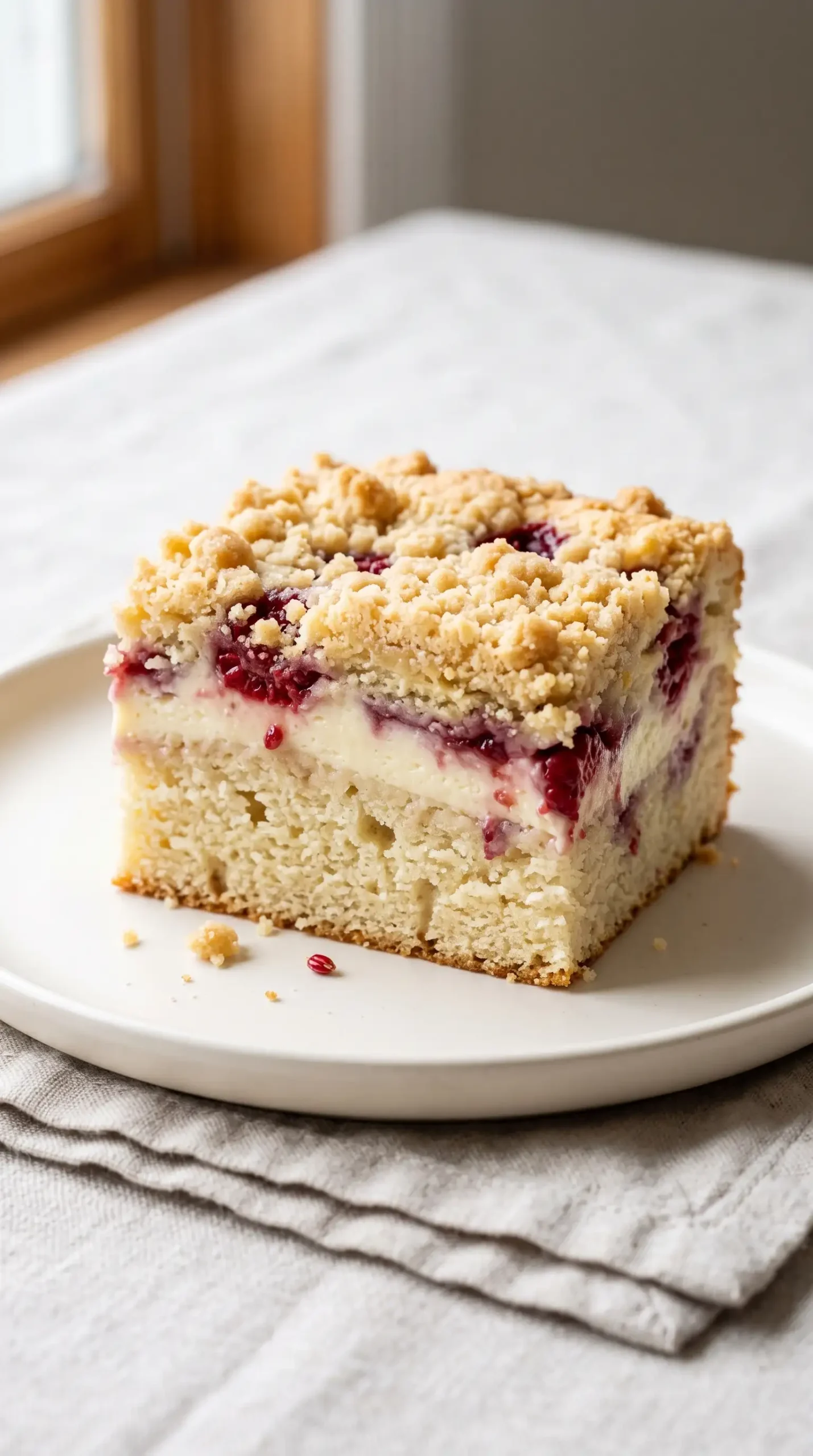 Slice of raspberry cream cheese coffee cake showing jam swirls, creamy filling, and streusel topping
