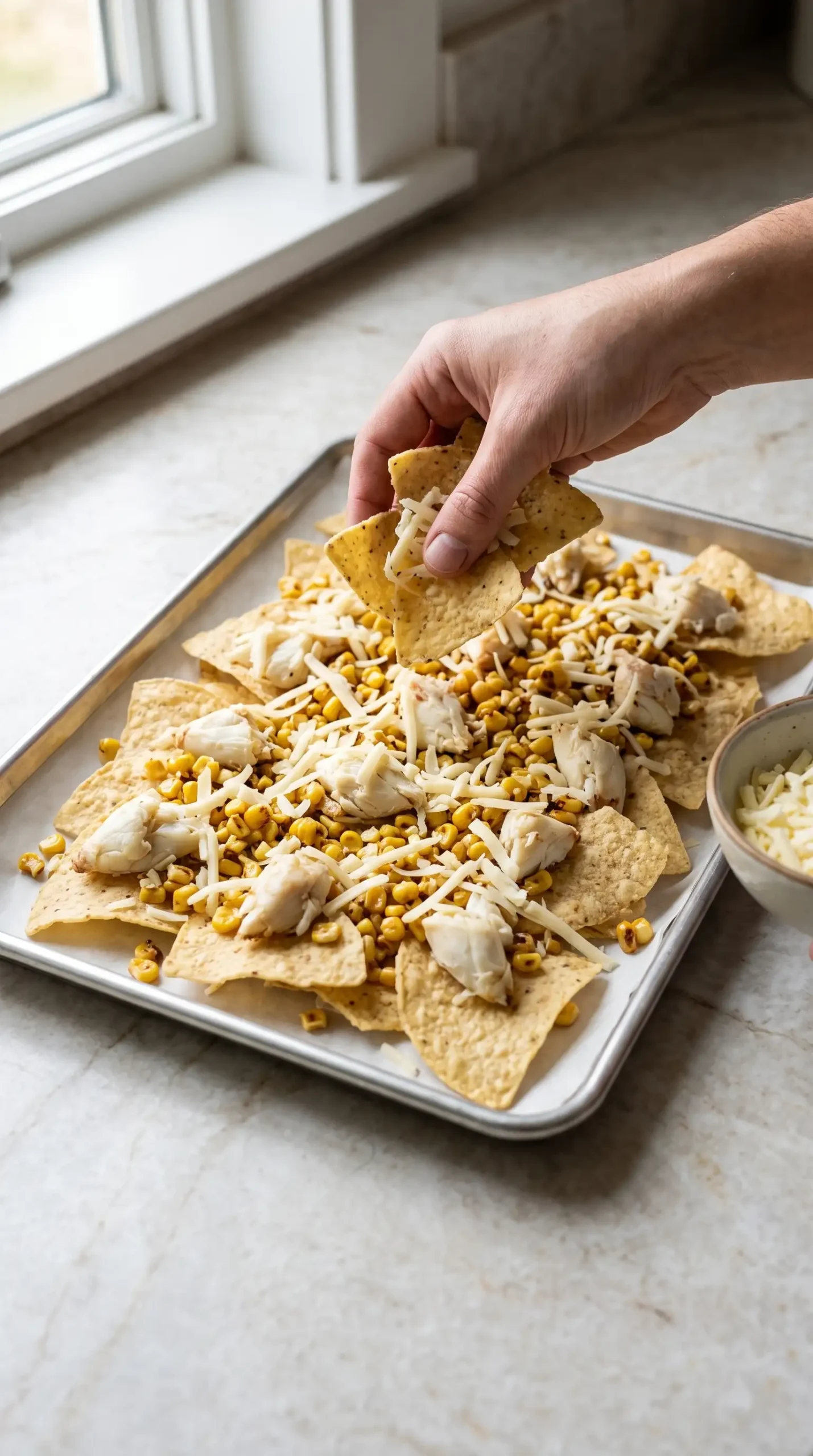 Layering tortilla chips with crab, corn, and white cheddar for nachos