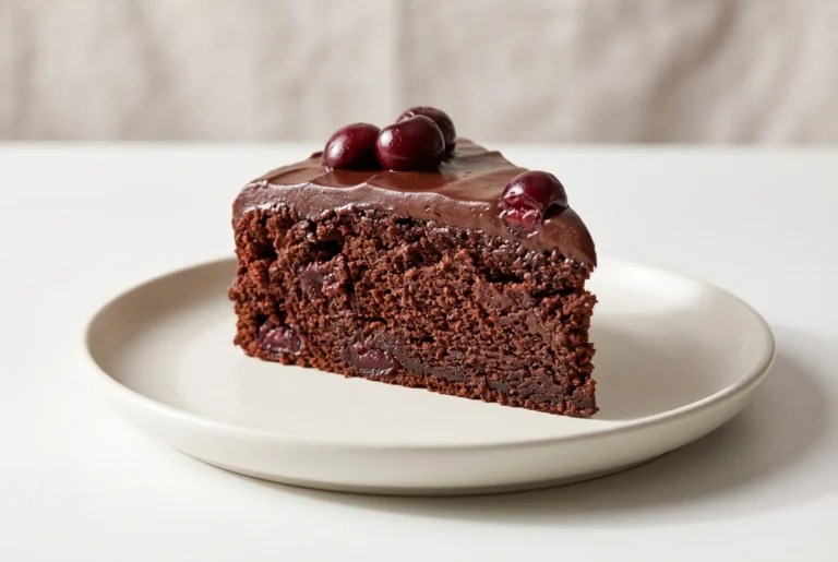 Chocolate cherry fudge cake slice with cherry filling and smooth fudge topping on a plate