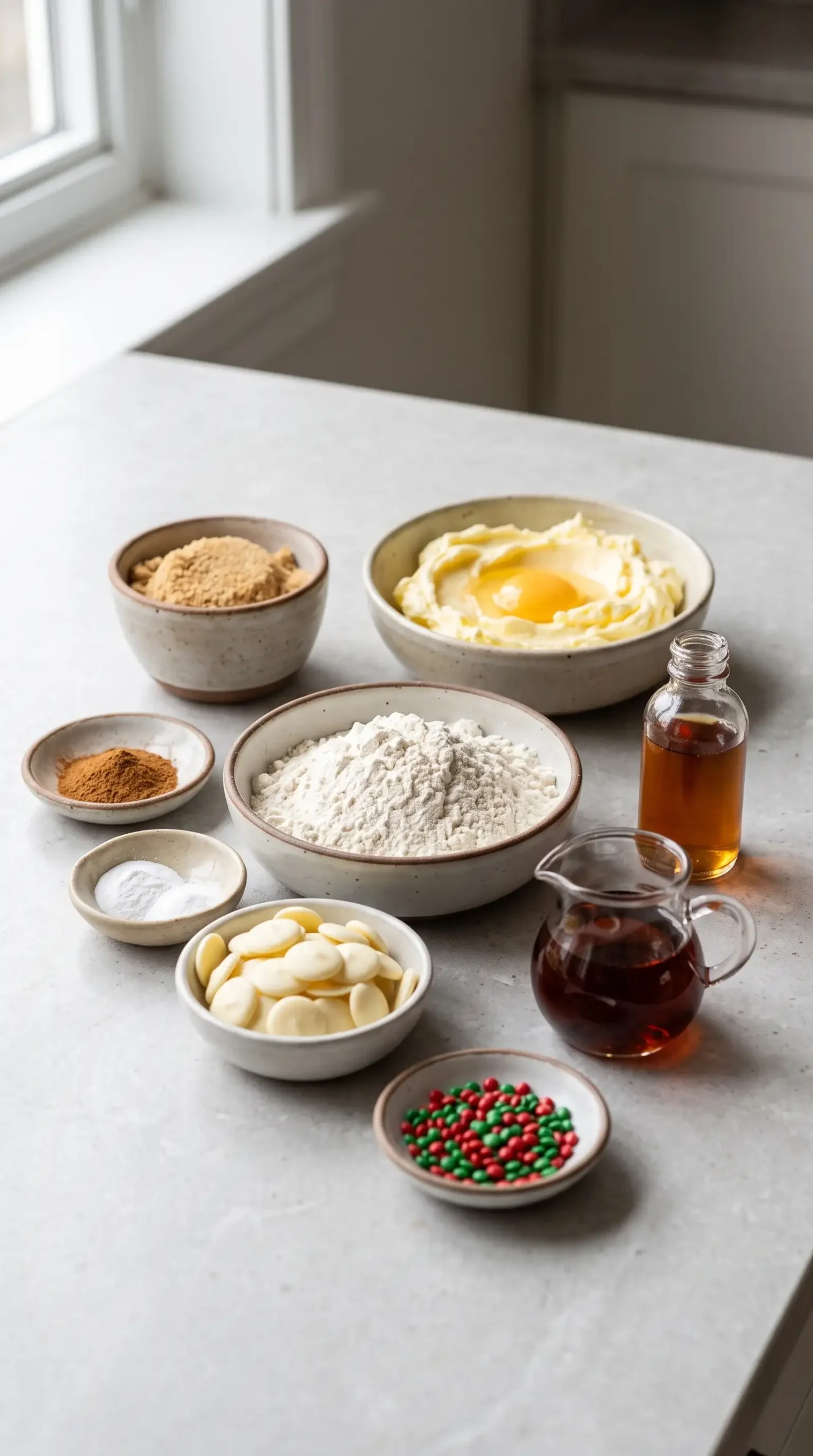 Ingredients for maple cinnamon cookies arranged on a light stone countertop