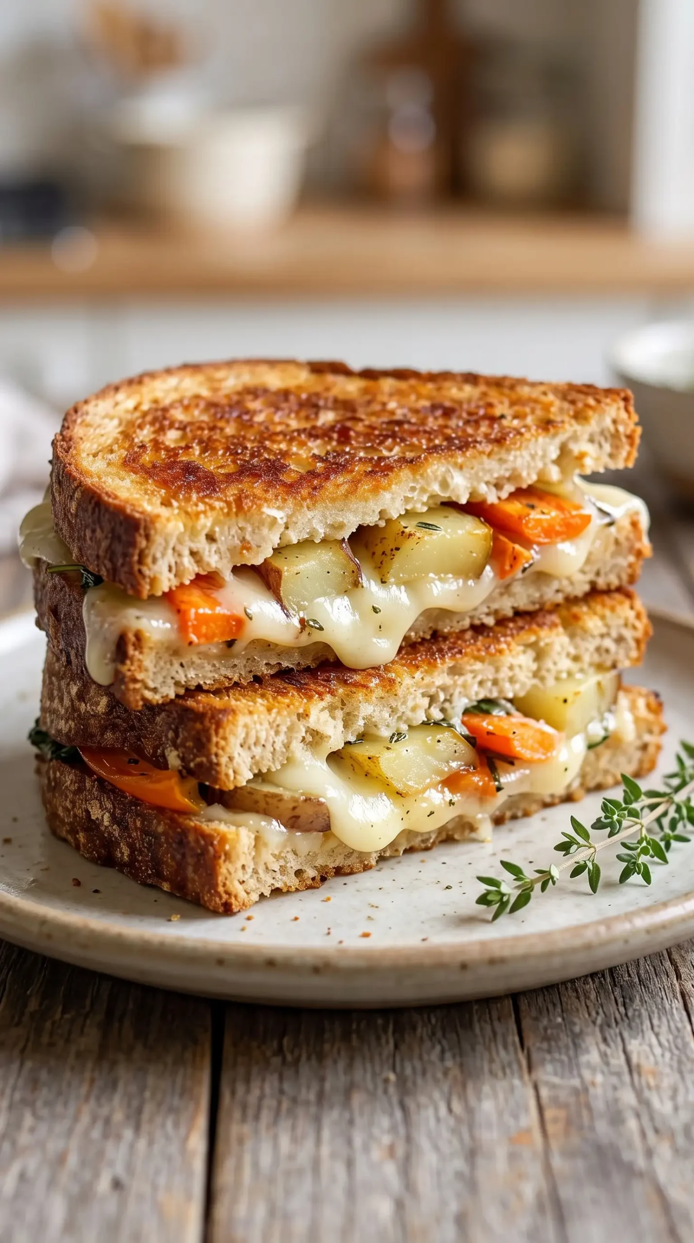 Three cheese grilled cheese sandwich with roasted vegetables and melted cheese between toasted bread